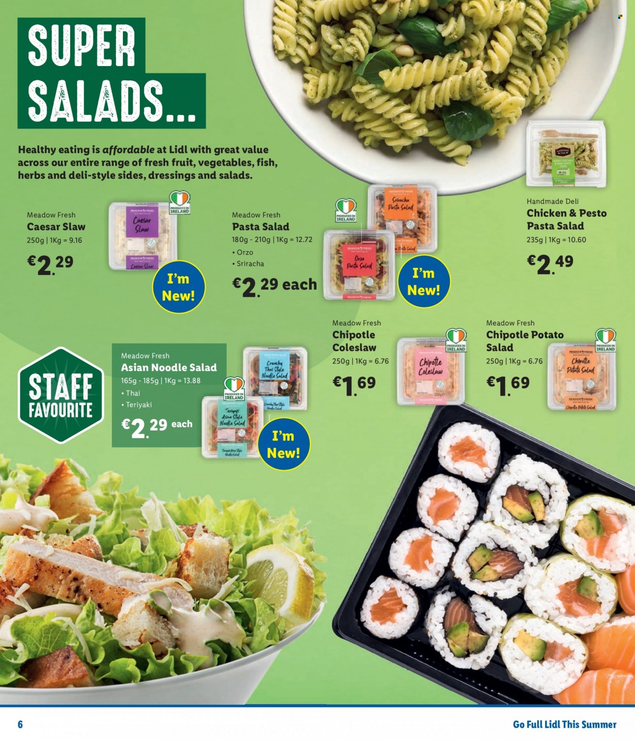 thumbnail - Lidl offer  - Sales products - fish, coleslaw, potato salad, pasta salad, herbs, sriracha. Page 6.