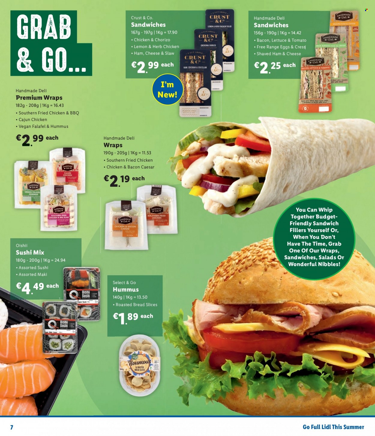 thumbnail - Lidl offer  - Sales products - Dell, bread, wraps, lettuce, salad, coleslaw, sandwich, fried chicken, ham, hummus, houmous, chicken salad, cheddar, eggs. Page 7.