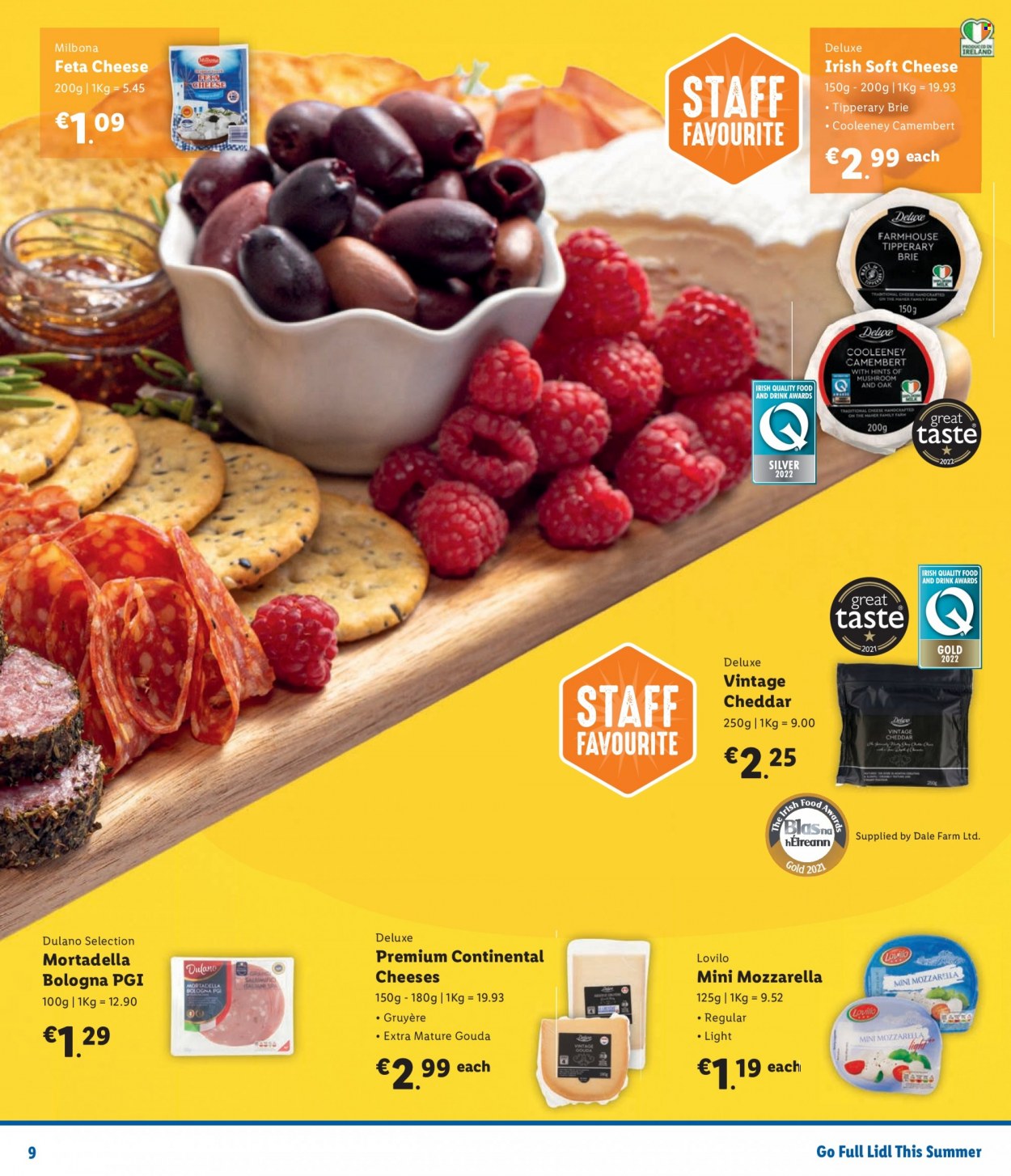 thumbnail - Lidl offer  - Sales products - Continental, mortadella, bologna sausage, camembert, gouda, Gruyere, mozzarella, soft cheese, cheddar, cheese, brie, feta, milk. Page 9.