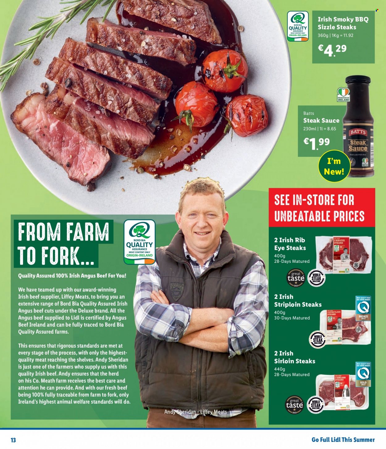 thumbnail - Lidl offer  - Sales products - sauce, steak sauce, beef meat, steak, sirloin steak, striploin steak, fork. Page 13.