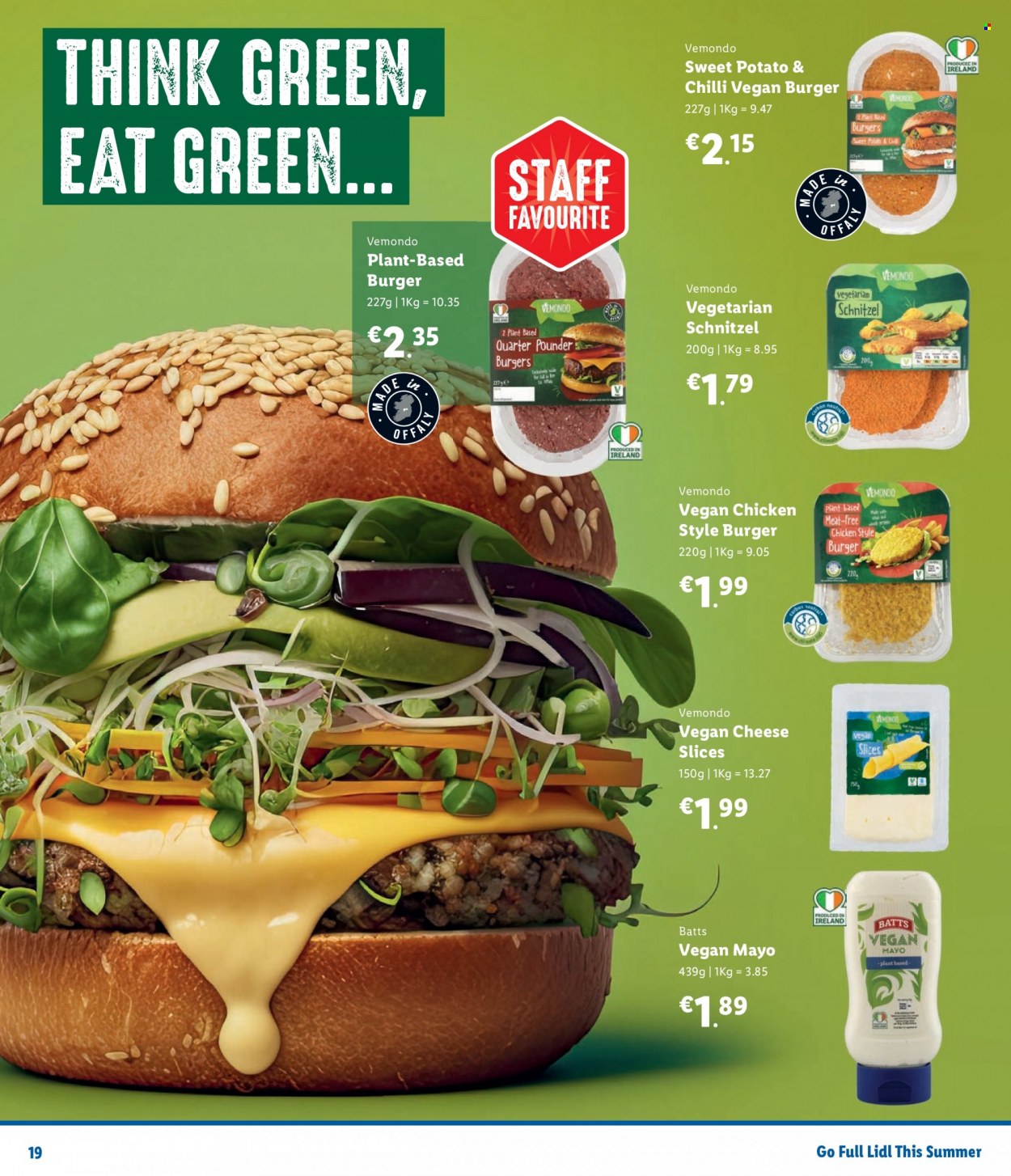 thumbnail - Lidl offer  - Sales products - hamburger, schnitzel, veggie burger, sliced cheese, cheese, mayonnaise, malt, chicken. Page 19.