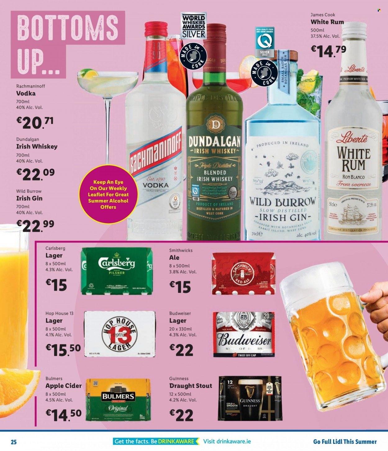 thumbnail - Lidl offer  - Sales products - alcohol, apple cider, bourbon, gin, rum, vodka, whiskey, irish whiskey, whisky, cider, beer, Bulmers, Carlsberg, Guinness, Lager, cap, Budweiser. Page 25.