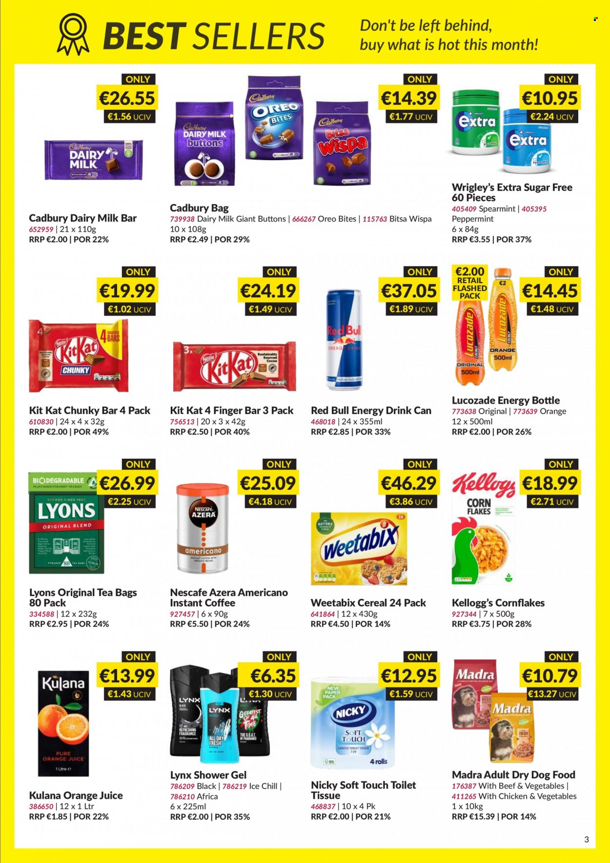 thumbnail - MUSGRAVE Market Place offer  - 07.05.2023 - 03.06.2023 - Sales products - Oreo, KitKat, Kellogg's, Cadbury, Milkybar, Dairy Milk, Wrigley's, cereals, corn flakes, Weetabix, orange juice, juice, energy drink, Red Bull, Lucozade, tea bags, Lyons, coffee, instant coffee, Nescafé, toilet paper, shower gel, animal food, dry dog food, dog food. Page 3.