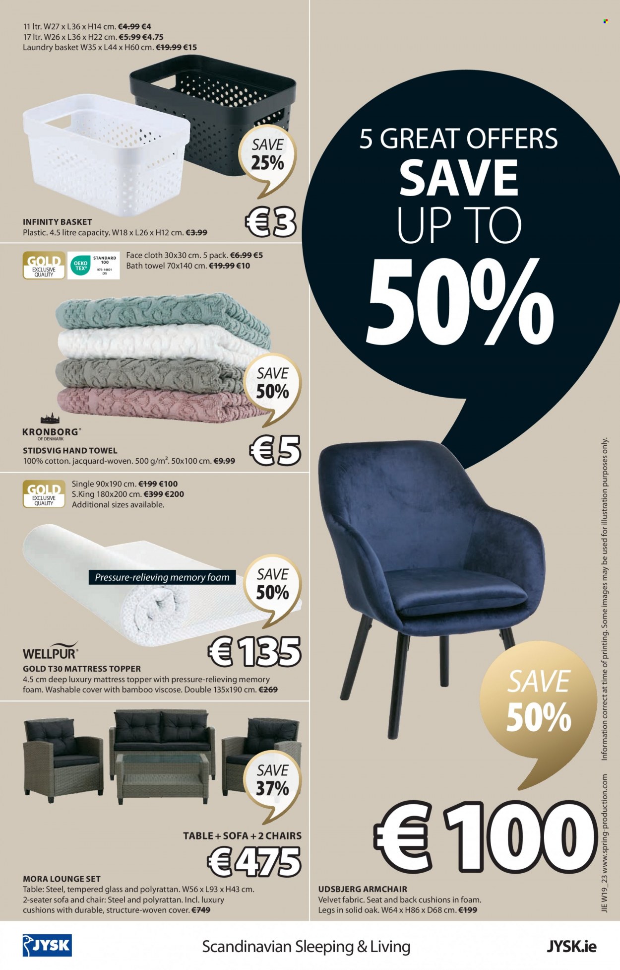 thumbnail - JYSK offer  - 11.05.2023 - 31.05.2023 - Sales products - table, chair, arm chair, sofa, lounge, mattress protector, cushion, laundry basket, topper, bath towel, towel, hand towel, facecloth. Page 16.