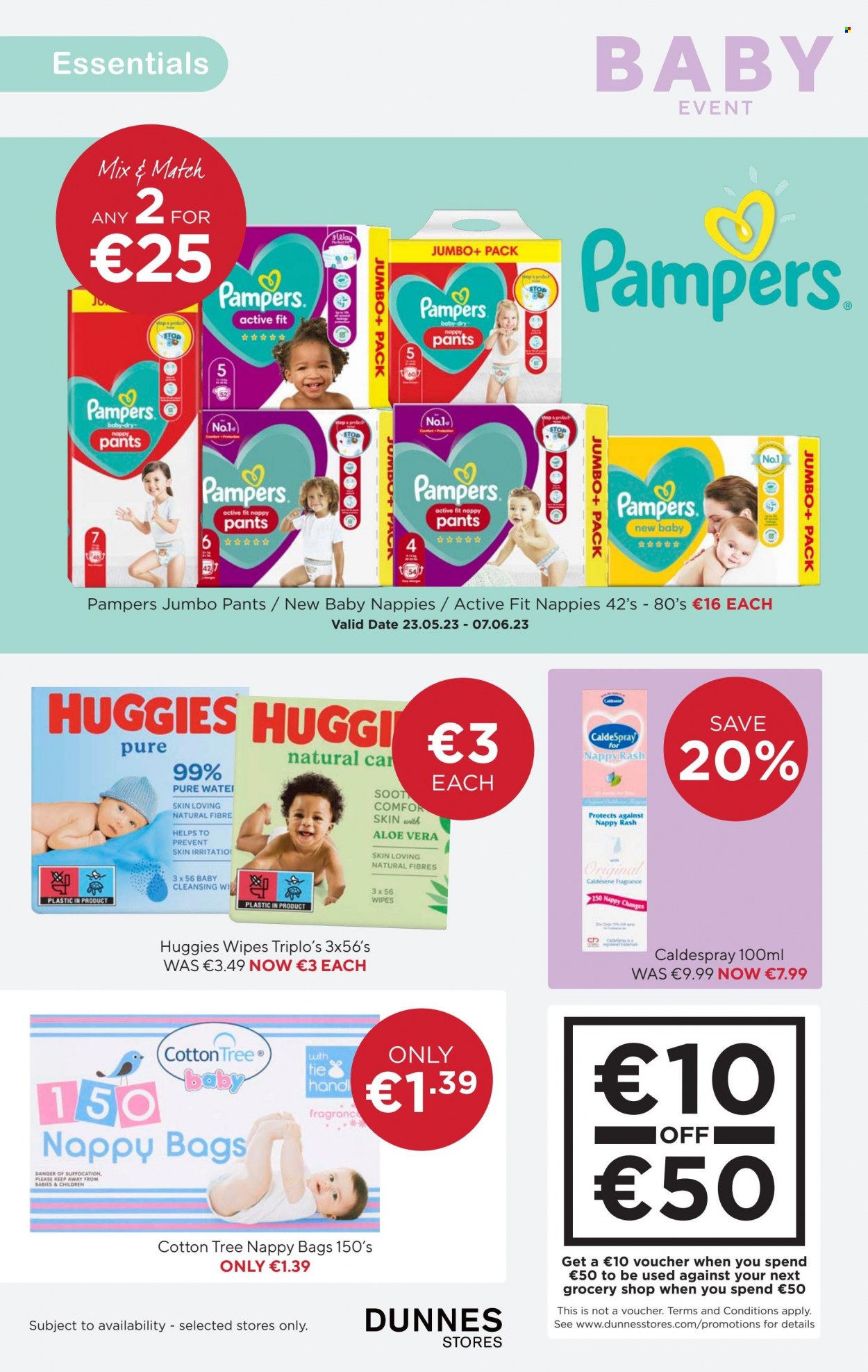thumbnail - Dunnes Stores offer  - 16.05.2023 - 19.06.2023 - Sales products - wipes, Huggies, Pampers, pants, baby wipes, fragrance, bag, nappy bag. Page 16.