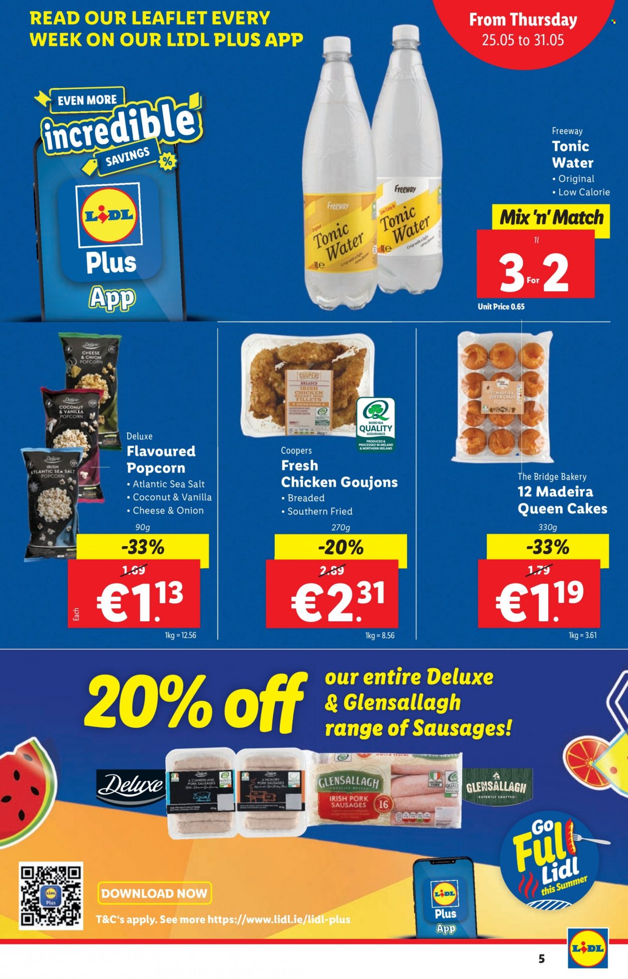 thumbnail - Lidl offer  - 25.05.2023 - 31.05.2023 - Sales products - cake, sausage, popcorn, tonic, chicken breasts, chicken, fork, Cooper. Page 5.