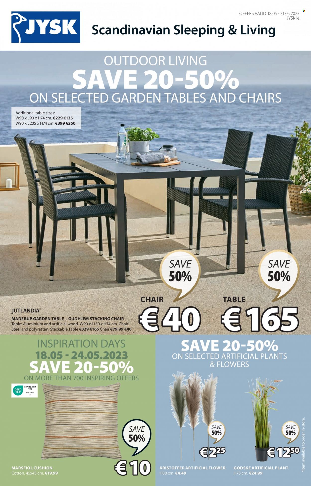 thumbnail - JYSK offer  - 18.05.2023 - 31.05.2023 - Sales products - table, chair, cushion, artificial flowers, artificial plant, flowers. Page 1.