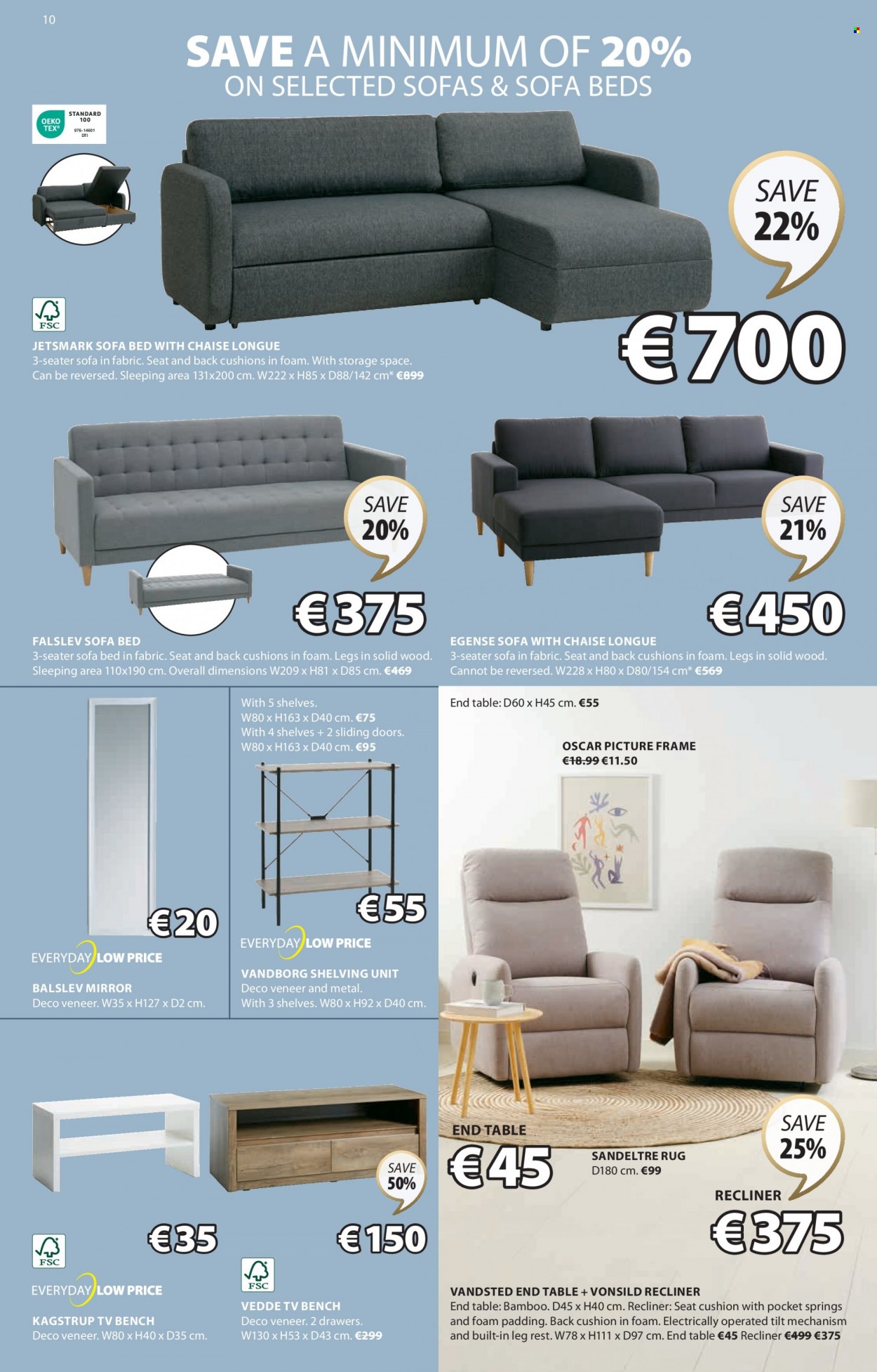 thumbnail - JYSK offer  - 18.05.2023 - 31.05.2023 - Sales products - bench, sofa, sofa bed, recliner chair, sofa with chaise longue, chaise longue, end table, tv bench, shelves, shelf unit, bed, sliding door, cushion, mirror, picture frame, rug. Page 10.