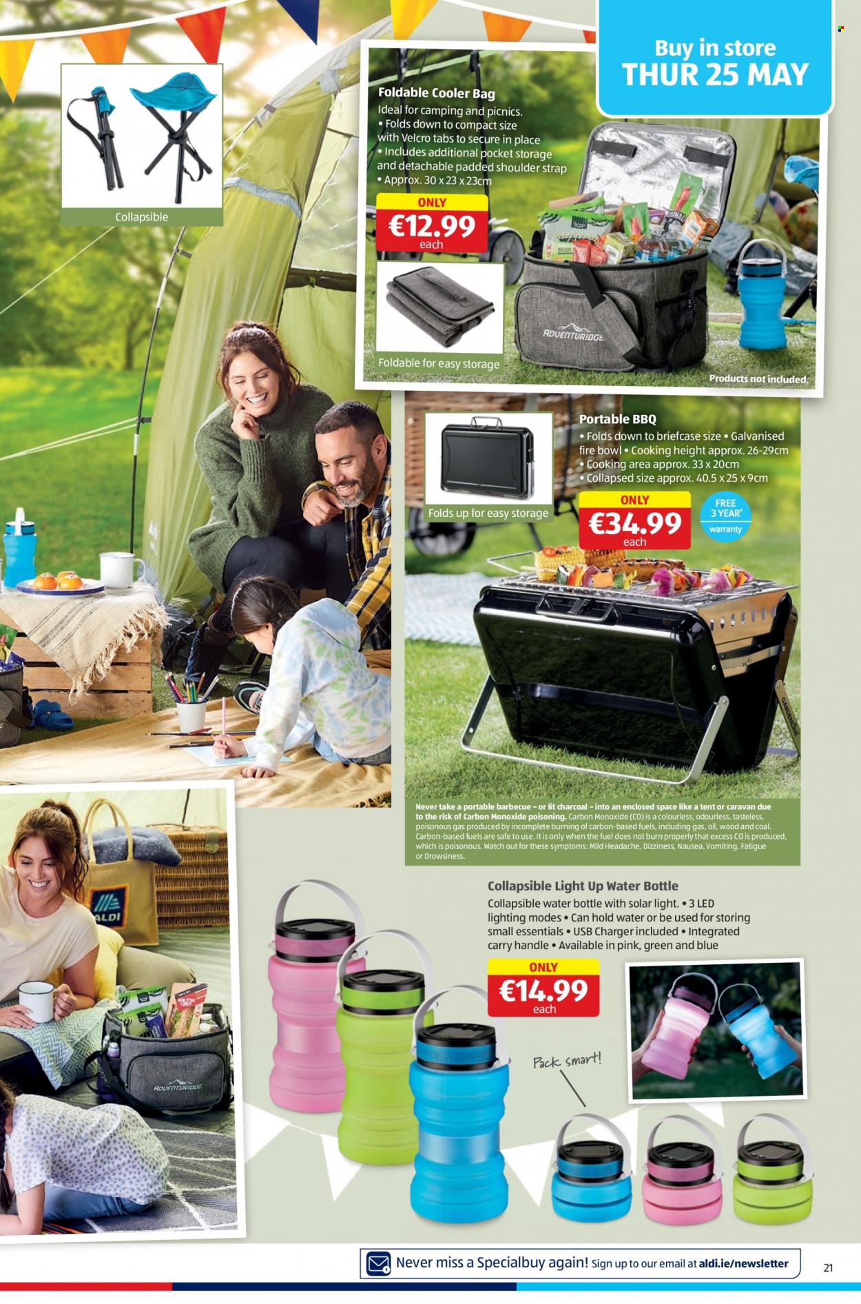 thumbnail - Aldi offer  - 25.05.2023 - 31.05.2023 - Sales products - oil, water, bag, drink bottle, cooler bag, watch, strap, tent. Page 21.