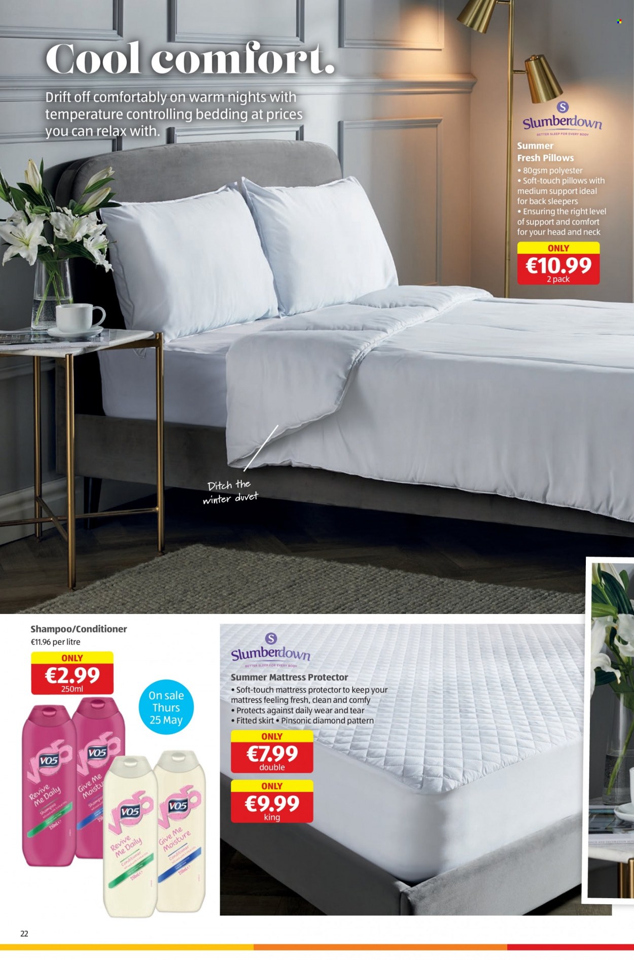 thumbnail - Aldi offer  - 25.05.2023 - 31.05.2023 - Sales products - shampoo, conditioner, bedding, duvet, pillow, mattress protector, skirt. Page 22.