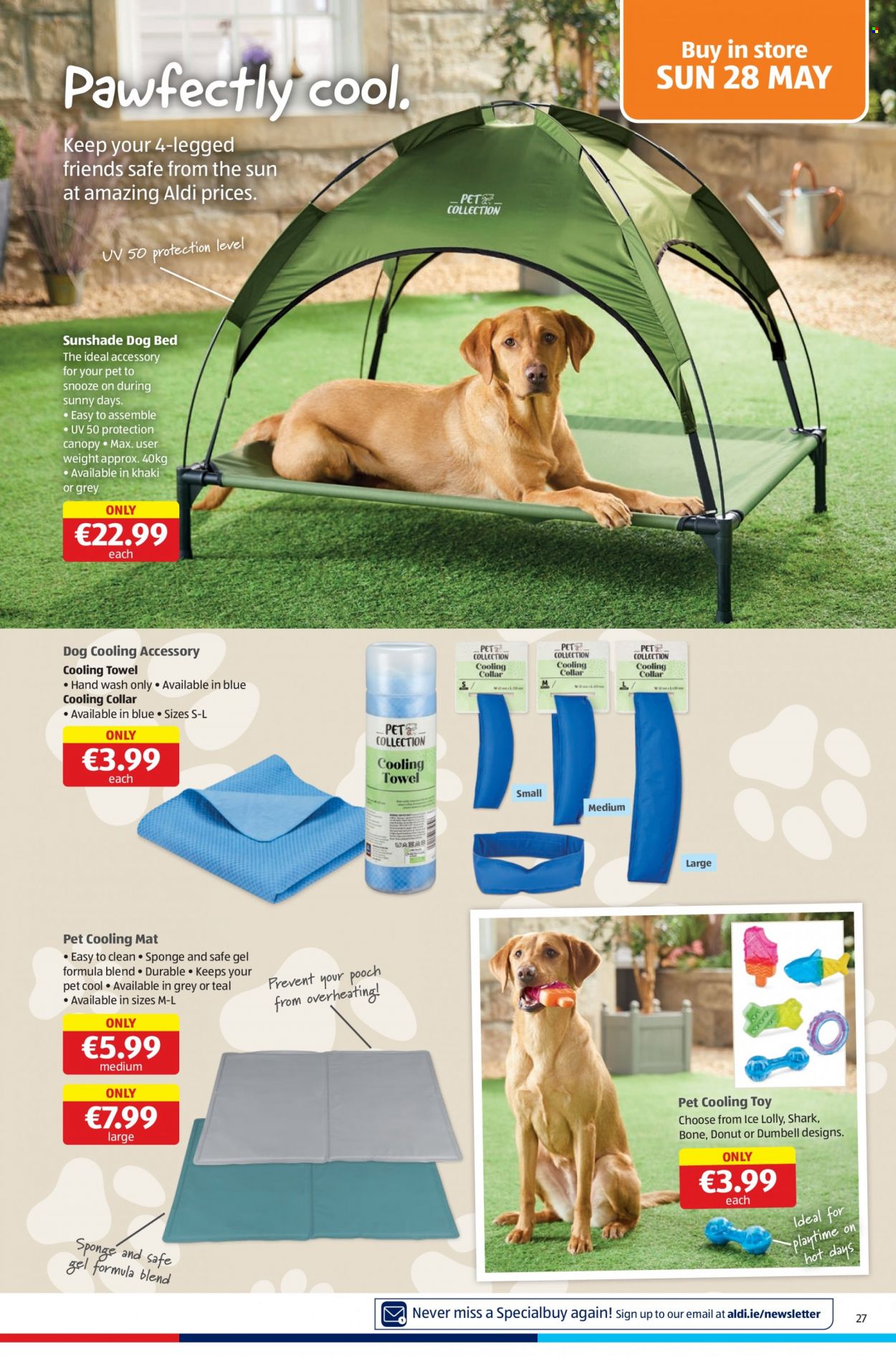 thumbnail - Aldi offer  - 25.05.2023 - 31.05.2023 - Sales products - donut, lollipop, hand wash, sponge, towel, dog bed, cooling toy, cooling collar, toys. Page 27.