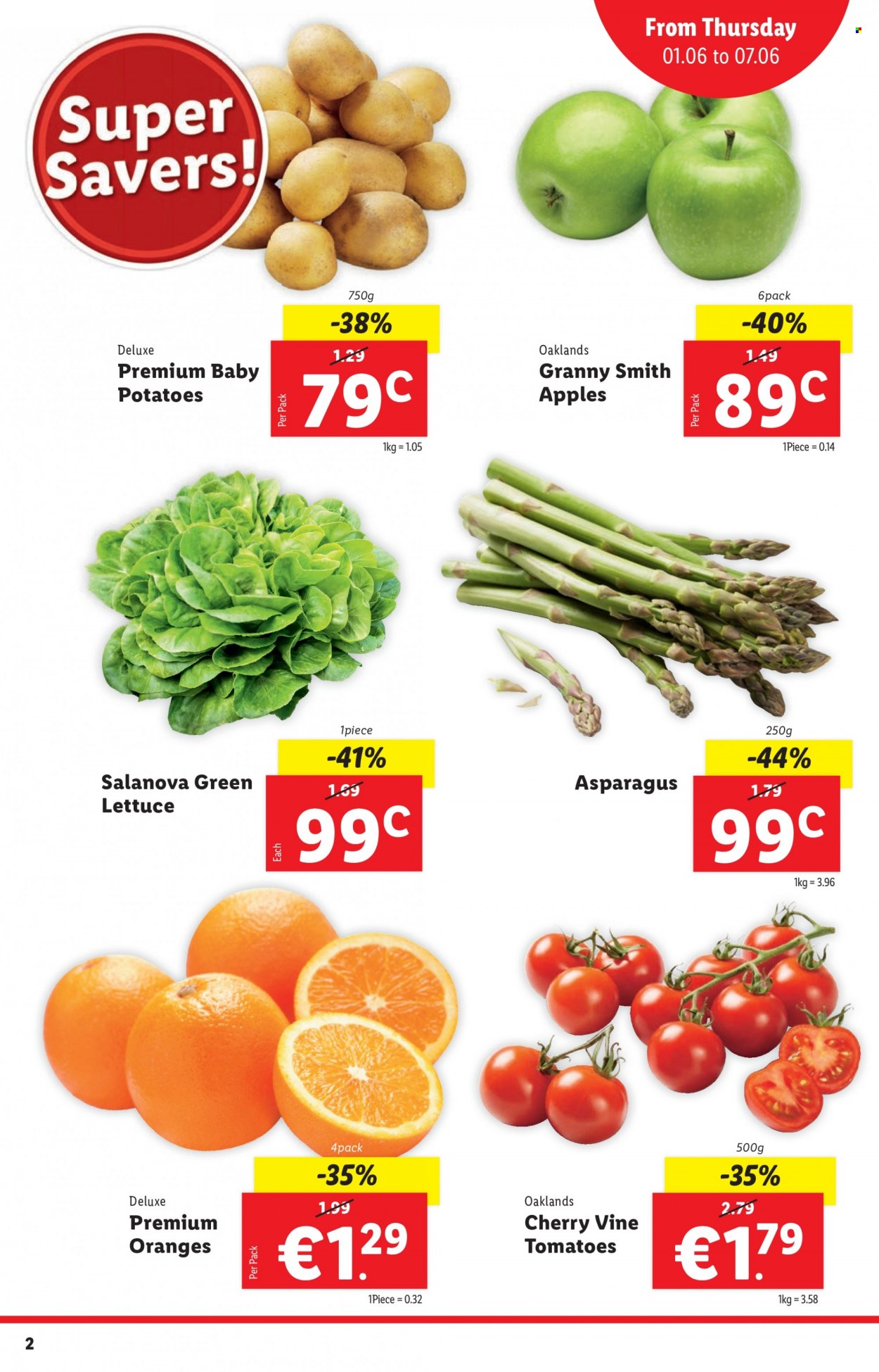 thumbnail - Lidl offer  - 01.06.2023 - 07.06.2023 - Sales products - asparagus, potatoes, lettuce, cherries, oranges, apples, Granny Smith. Page 2.
