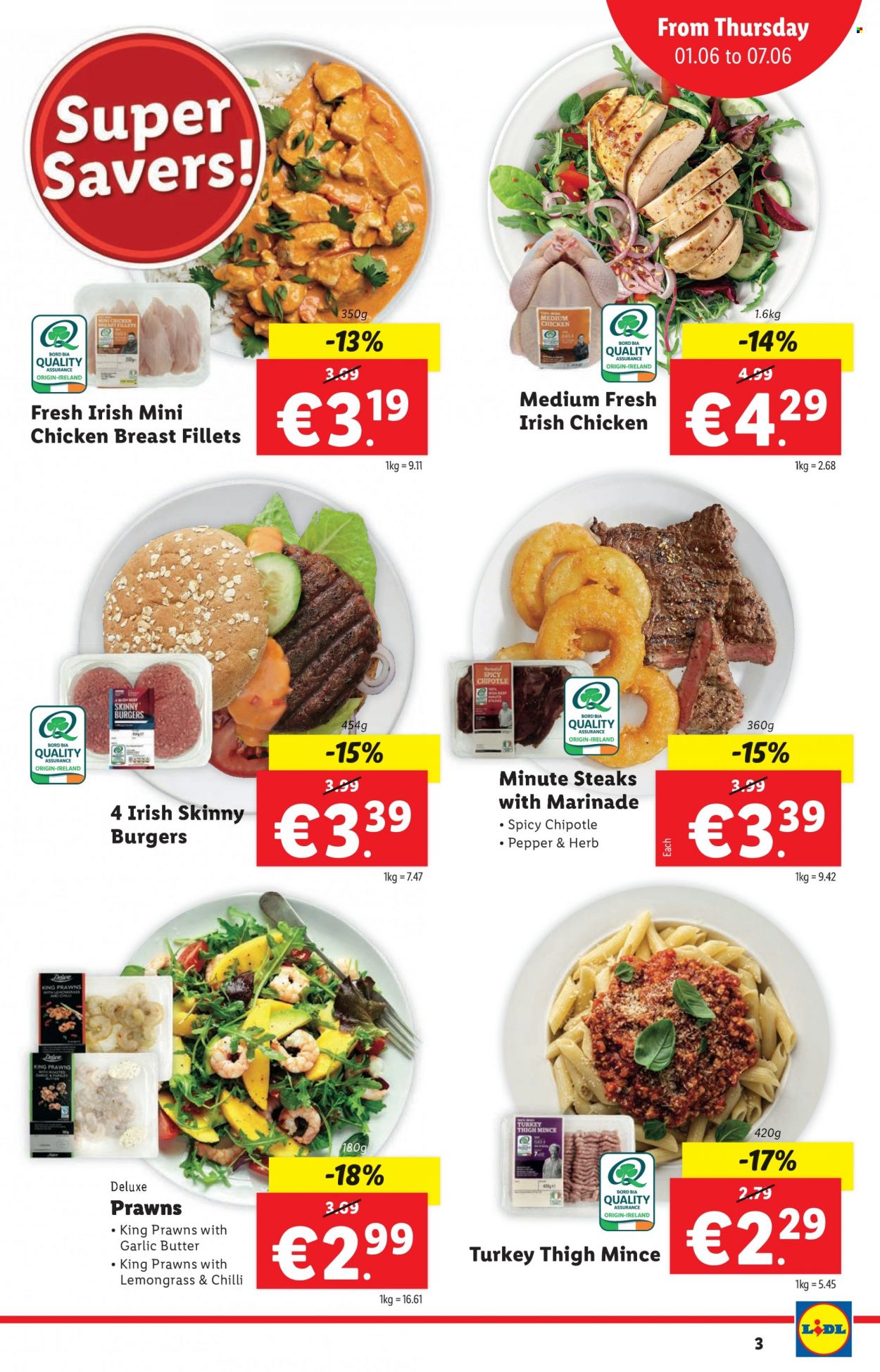 thumbnail - Lidl offer  - 01.06.2023 - 07.06.2023 - Sales products - prawns, hamburger, marinade, chicken breasts, turkey thigh, chicken, turkey, steak. Page 3.