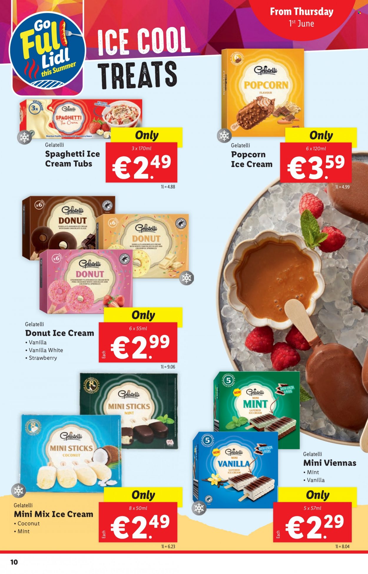 thumbnail - Lidl offer  - 01.06.2023 - 07.06.2023 - Sales products - donut, coconut, spaghetti, sauce, vienna sausage, ice cream, dark chocolate, popcorn, sprinkles. Page 10.