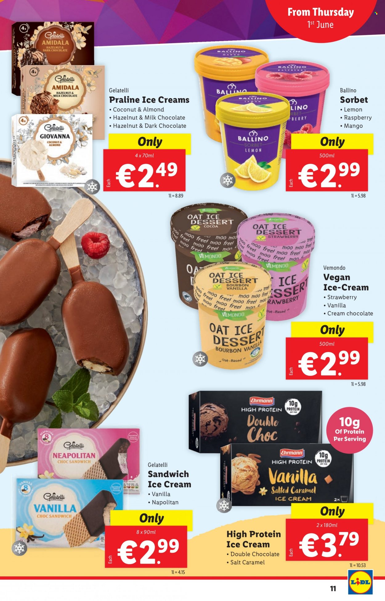 thumbnail - Lidl offer  - 01.06.2023 - 07.06.2023 - Sales products - dessert, mango, eel, sandwich, ice cream, sorbet, milk chocolate, dark chocolate, cocoa, oats. Page 11.
