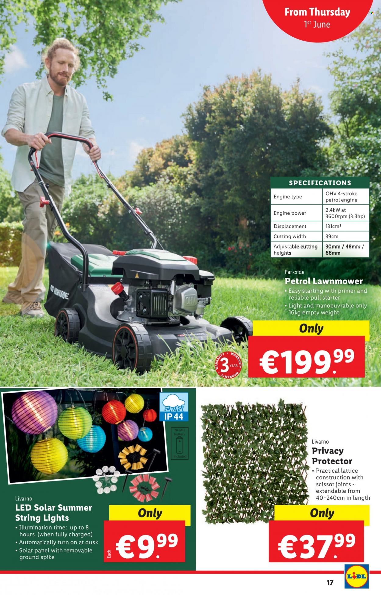 thumbnail - Lidl offer  - 01.06.2023 - 07.06.2023 - Sales products - scissors, Parkside, string lights, solar panel, lawn mower, starter. Page 17.