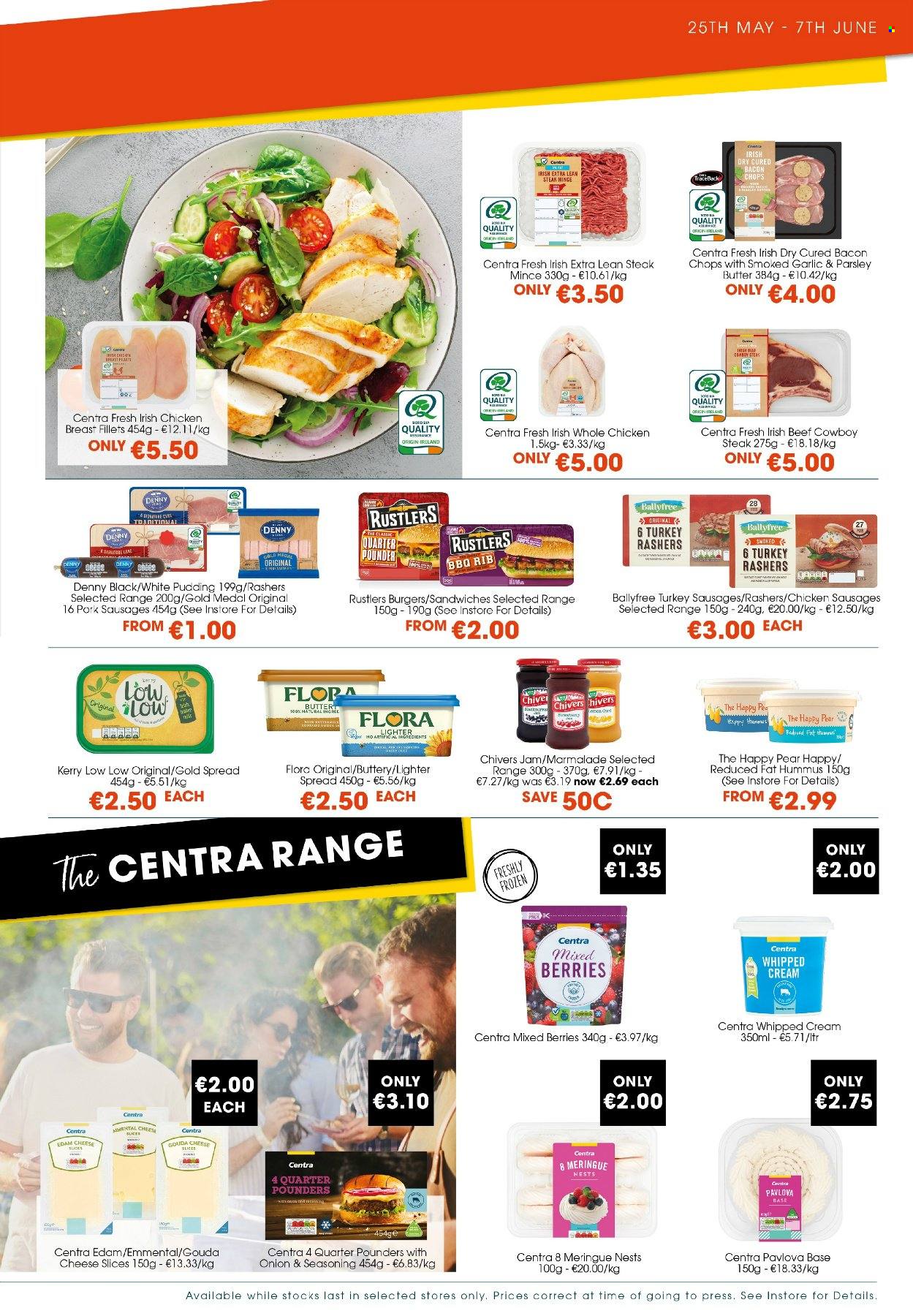 thumbnail - Centra offer  - 25.05.2023 - 07.06.2023 - Sales products - parsley, pears, hamburger, bacon, sausage, hummus, edam cheese, gouda, sliced cheese, cheese, pudding, Flora, whipped cream, spice, whole chicken, chicken breasts, chicken, turkey, steak, pork chops, slicer. Page 3.