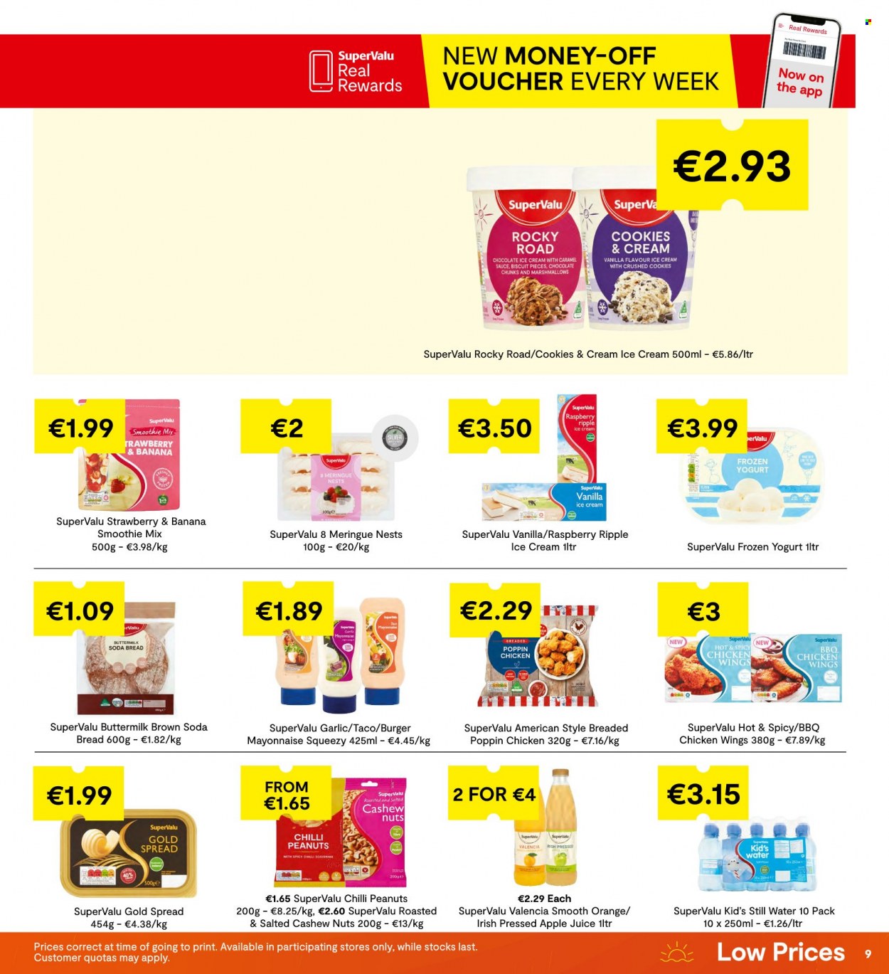 thumbnail - SuperValu offer  - 25.05.2023 - 07.06.2023 - Sales products - bread, soda bread, garlic, oranges, hamburger, buttermilk, mayonnaise, ice cream, chicken wings, marshmallows, biscuit, spice, caramel, cashews, peanuts, apple juice, juice, smoothie, still water, water, chicken. Page 11.