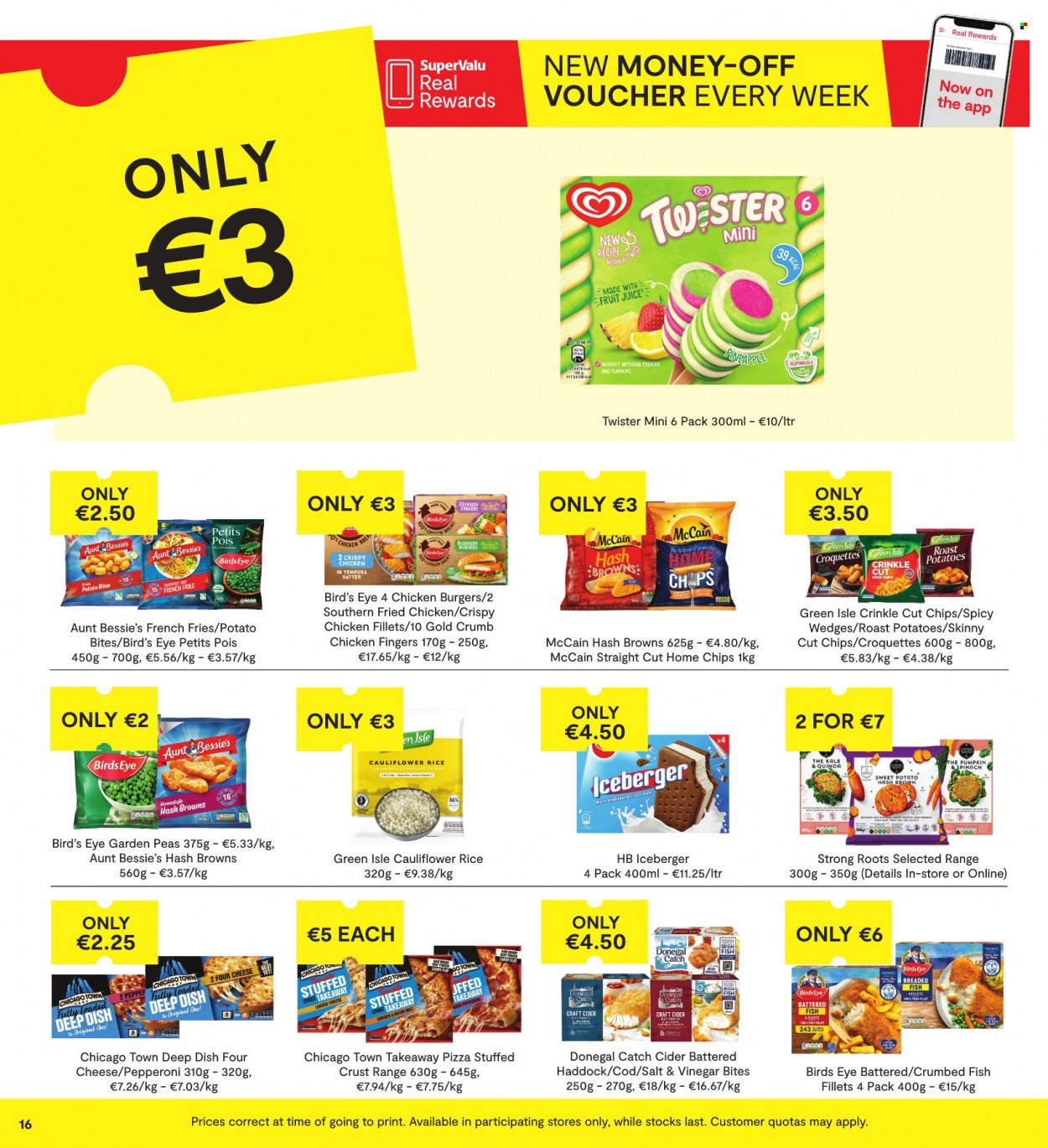 thumbnail - SuperValu offer  - 25.05.2023 - 07.06.2023 - Sales products - Aunt Bessie's, sweet potato, potatoes, pineapple, cod, fish fillets, haddock, fish, crumbed fish, pizza, hamburger, fried chicken, Bird's Eye, breaded fish, roast, ice cream, Donegal Catch, McCain, hash browns, potato fries, french fries, frozen chips, quinoa, cider. Page 18.
