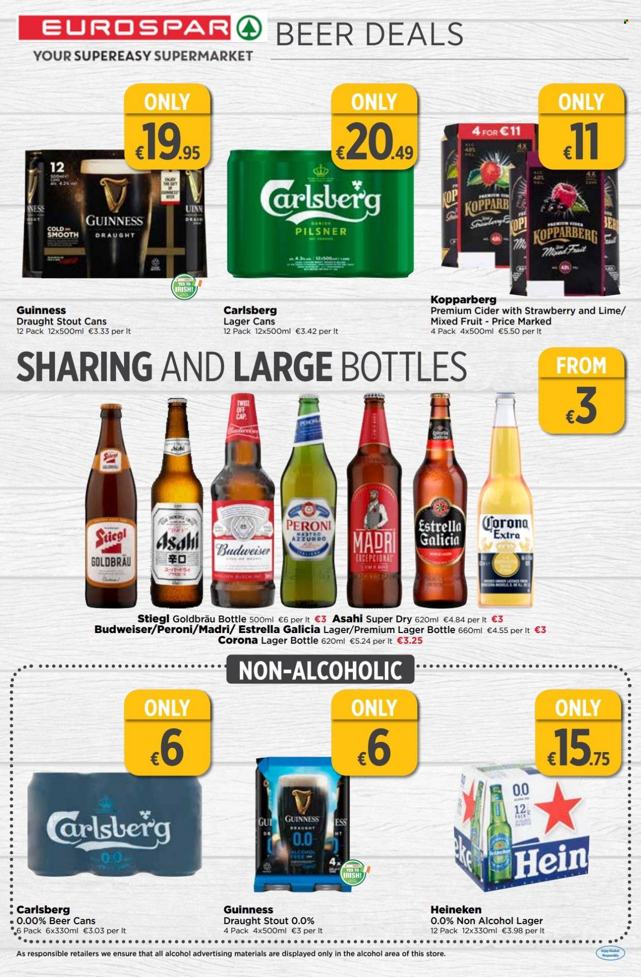 thumbnail - EUROSPAR offer  - 25.05.2023 - 14.06.2023 - Sales products - alcohol, Kopparberg, cider, beer, Corona Extra, Heineken, Carlsberg, Guinness, Peroni, Lager, Asahi, Madri, Estrella, Budweiser. Page 14.