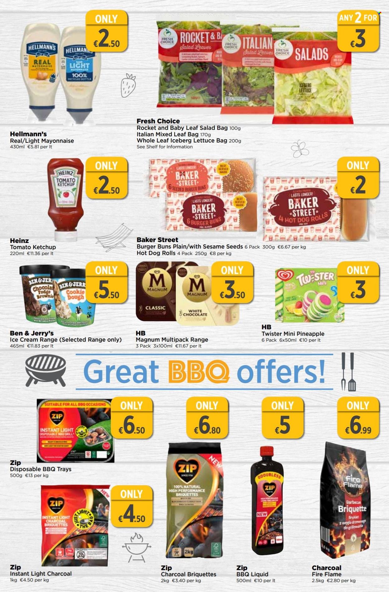 thumbnail - EUROSPAR offer  - 25.05.2023 - 14.06.2023 - Sales products - hot dog rolls, buns, burger buns, rocket, lettuce, salad, pineapple, mayonnaise, Hellmann’s, ice cream, Ben & Jerry's, Heinz, ketchup, bag. Page 3.