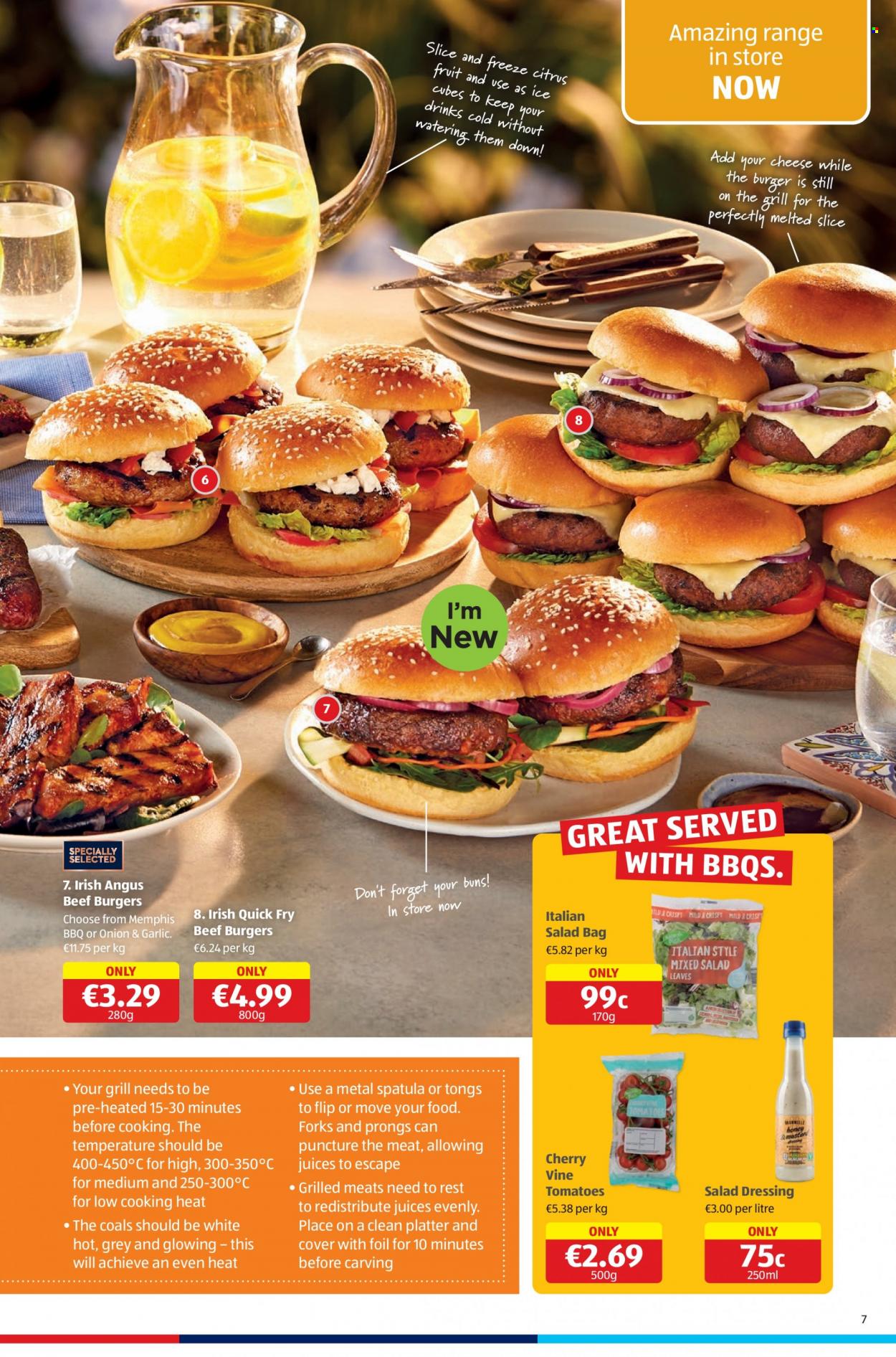 thumbnail - Aldi offer  - 01.06.2023 - 07.06.2023 - Sales products - cherries, hamburger, beef burger, salad dressing, dressing, juice, water, beef meat, spatula, tong, platters. Page 7.
