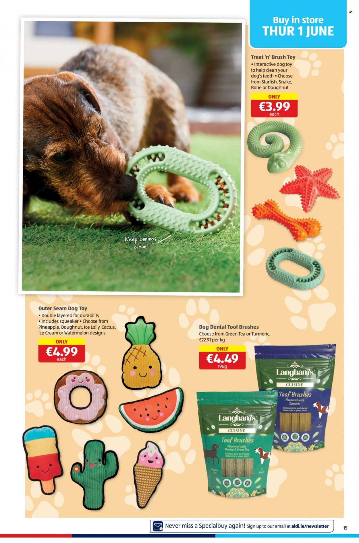 thumbnail - Aldi offer  - 01.06.2023 - 07.06.2023 - Sales products - donut, parsley, watermelon, pineapple, ice cream, lollipop, turmeric, tea, dog toy, squeaker, toys, cactus. Page 15.