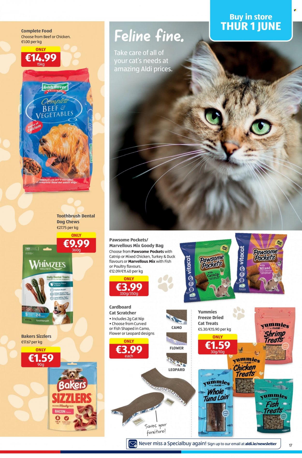 thumbnail - Aldi offer  - 01.06.2023 - 07.06.2023 - Sales products - turkey, toothbrush, cat scratcher, animal treats, dog food, Bakers, dog chews. Page 17.