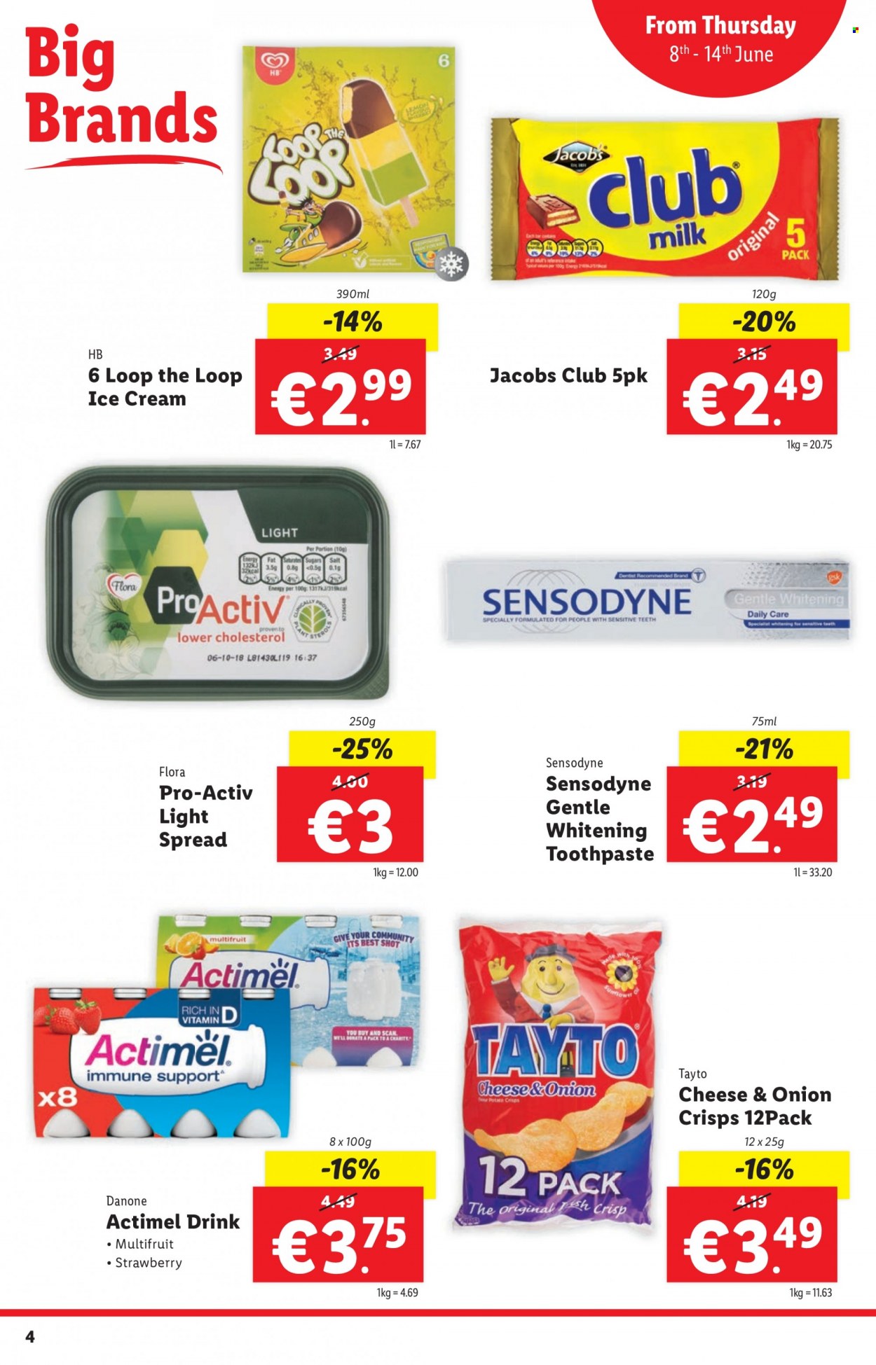 thumbnail - Lidl offer  - 08.06.2023 - 14.06.2023 - Sales products - Puck, Danone, Actimel, Flora, ice cream, club milk, potato crisps, Tayto, salt, Jacobs, toothpaste, Sensodyne. Page 4.