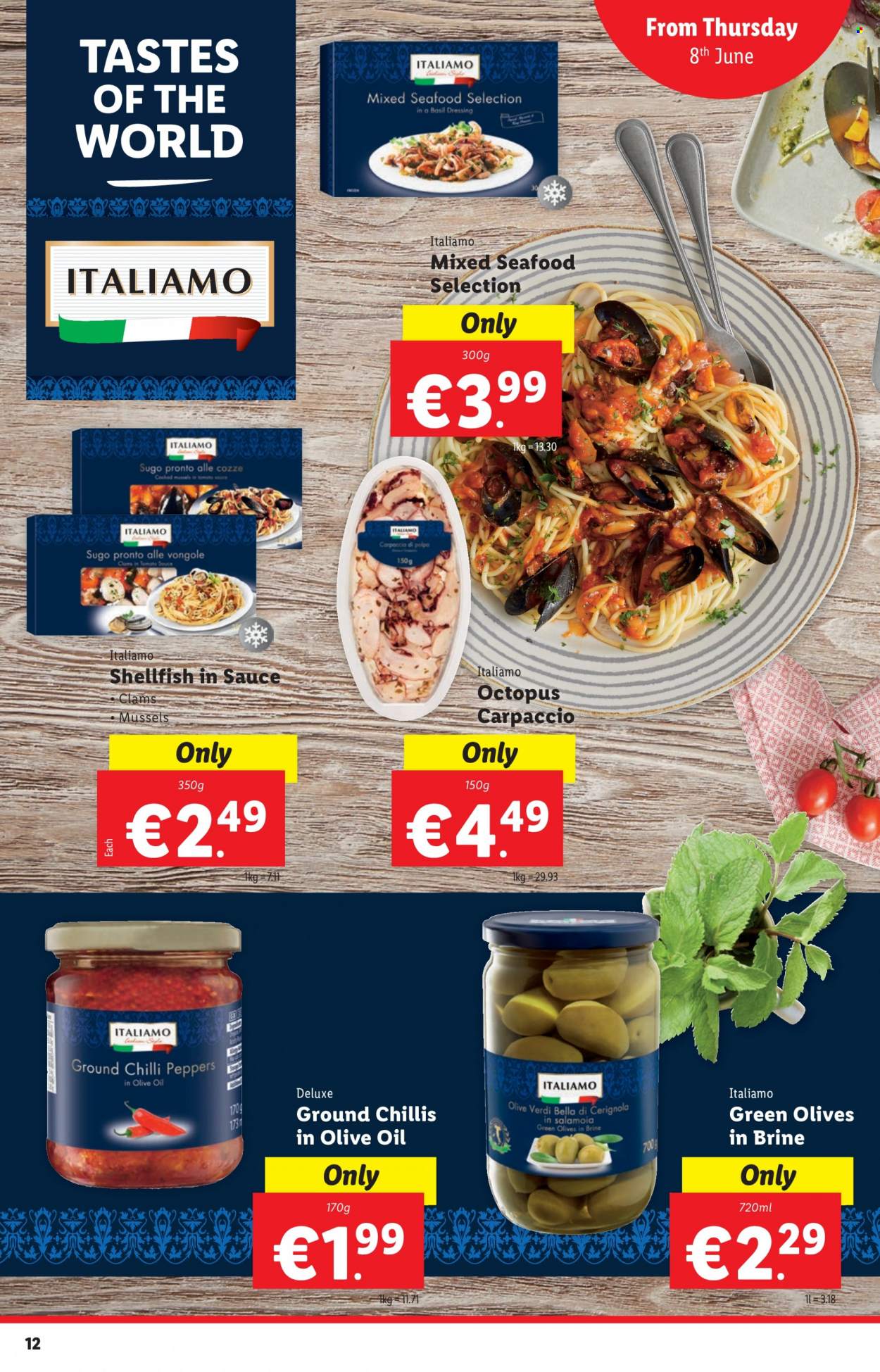 thumbnail - Lidl offer  - 08.06.2023 - 14.06.2023 - Sales products - Bella, peppers, clams, mussels, octopus, seafood, olives, dressing. Page 12.