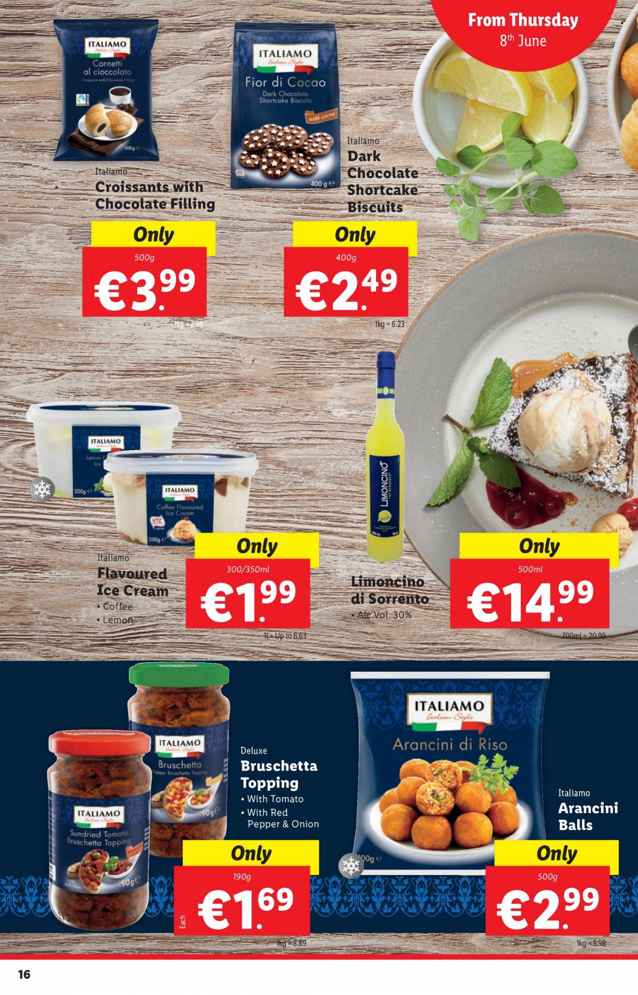 thumbnail - Lidl offer  - 08.06.2023 - 14.06.2023 - Sales products - croissant, bruschetta, ice cream, biscuit, dark chocolate, dried tomatoes, alcohol, Limoncello. Page 16.