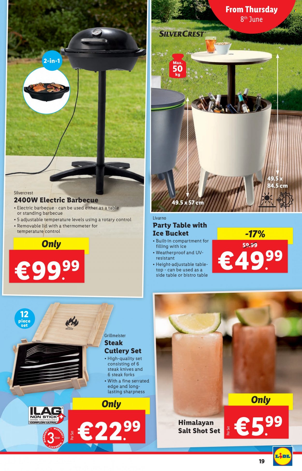 thumbnail - Lidl offer  - 08.06.2023 - 14.06.2023 - Sales products - table, coctail table, sidetable, SilverCrest, salt, knife, thermometer, lid, cutlery set, steak knife. Page 19.