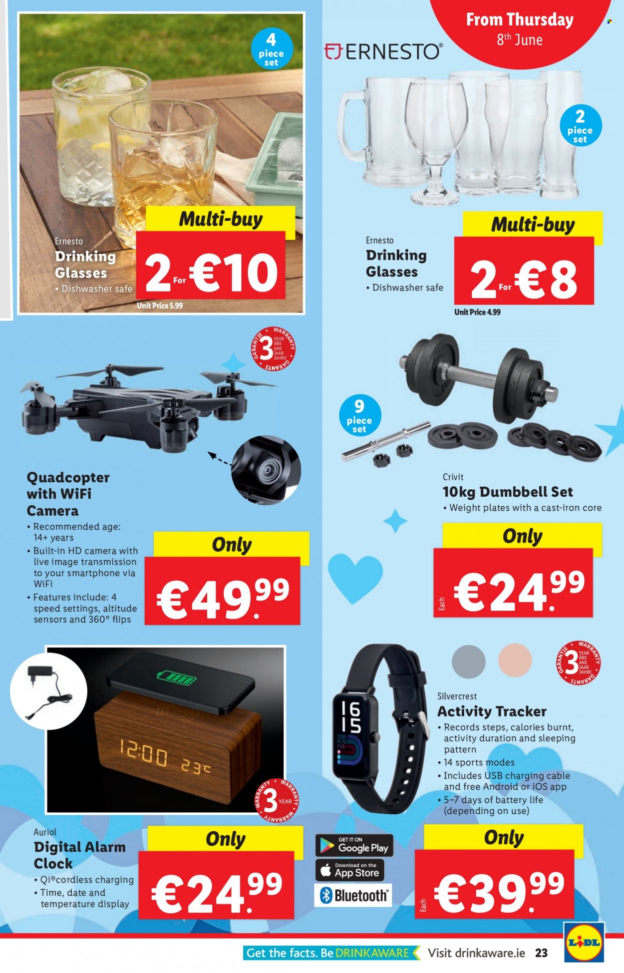 thumbnail - Lidl offer  - 08.06.2023 - 14.06.2023 - Sales products - Crivit, SilverCrest, clock, alarm clock, safe, Ernesto, plate, alarm, wifi camera, quadcopter, activity tracker, camera, iron. Page 23.
