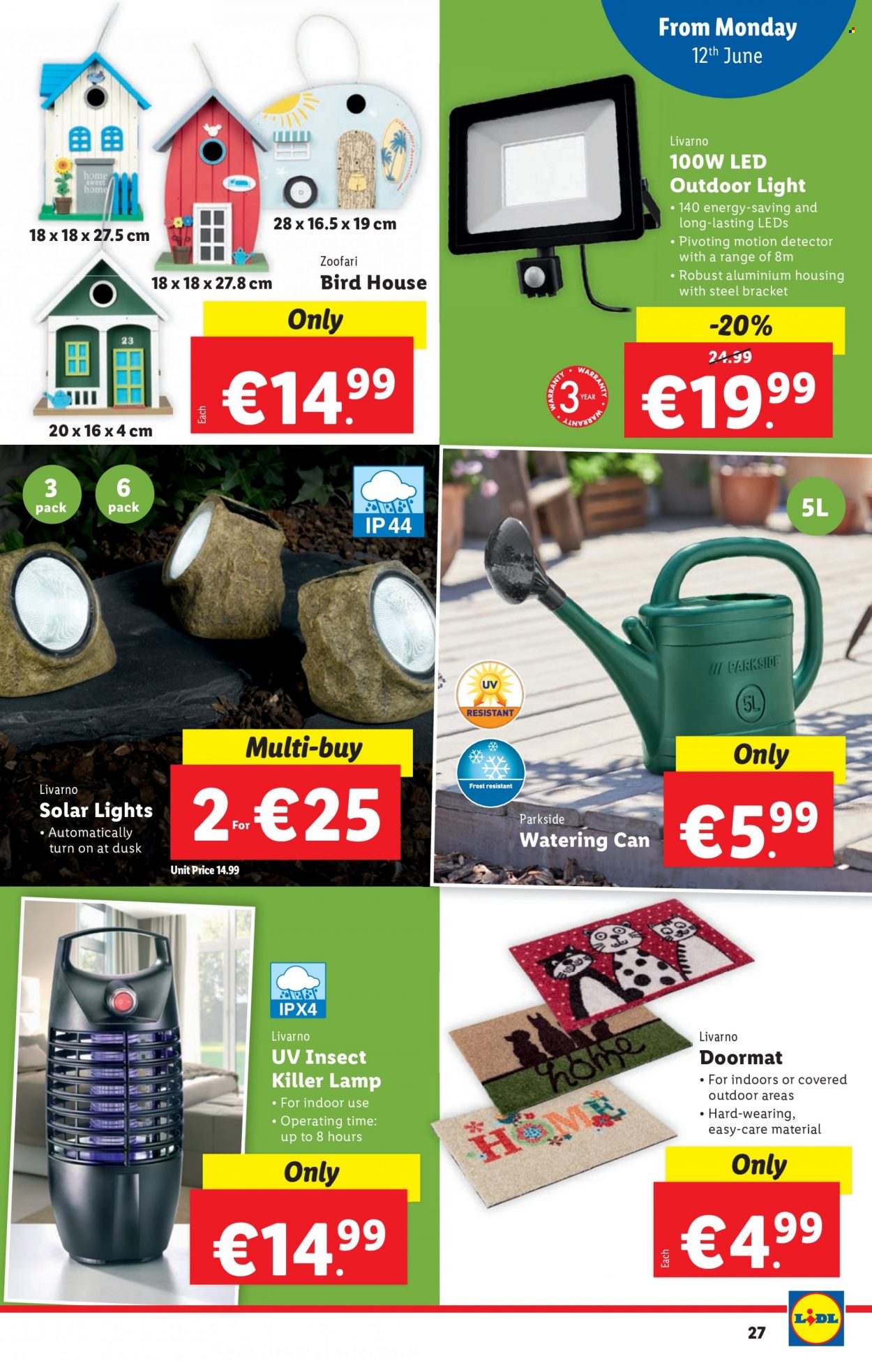 thumbnail - Lidl offer  - 08.06.2023 - 14.06.2023 - Sales products - birdhouse, Parkside, lamp, solar light, door mat, watering can. Page 27.