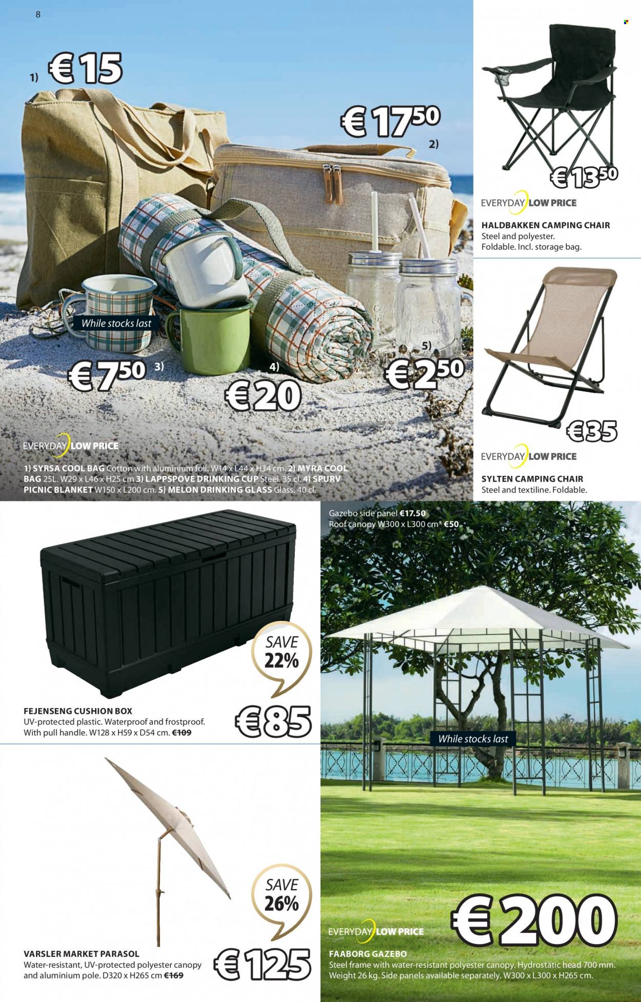 thumbnail - JYSK offer  - 01.06.2023 - 05.07.2023 - Sales products - chair, cushion, cup, aluminium foil, drinking cup, blanket, picnic blanket, camping chair. Page 8.