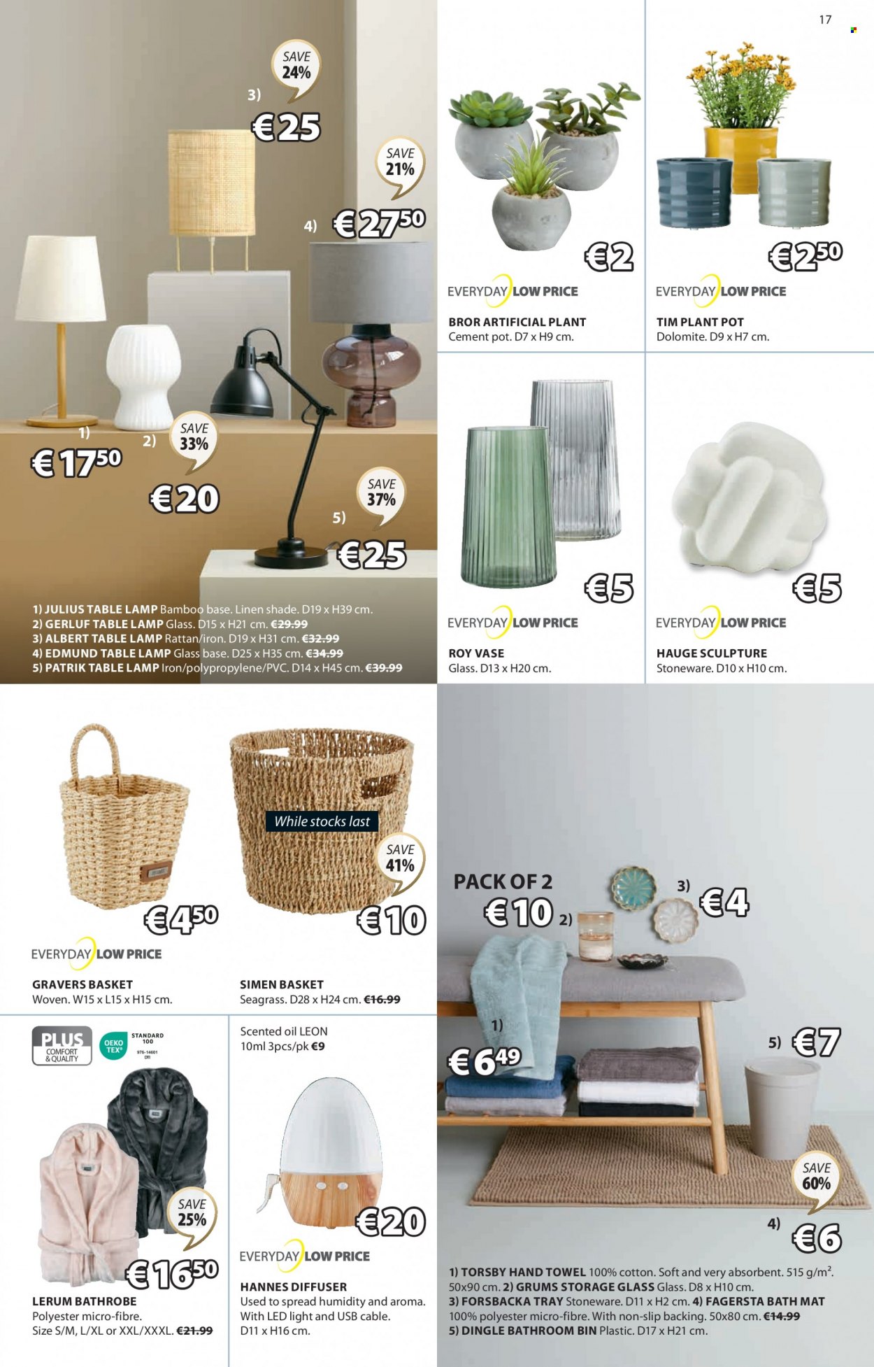 thumbnail - JYSK offer  - 01.06.2023 - 05.07.2023 - Sales products - vase, artificial plant, basket, bin, tray, pot, stoneware, diffuser, scented oil, linens, bath mat, towel, hand towel, lamp, table lamp, plant pot. Page 17.