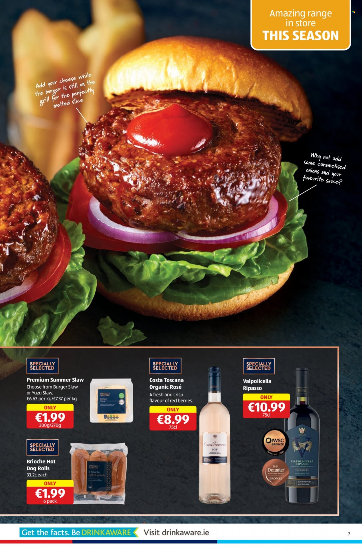 thumbnail - Aldi offer  - 08.06.2023 - 14.06.2023 - Sales products - hot dog rolls, brioche, onion, hamburger, sauce, cheese, alcohol. Page 7.