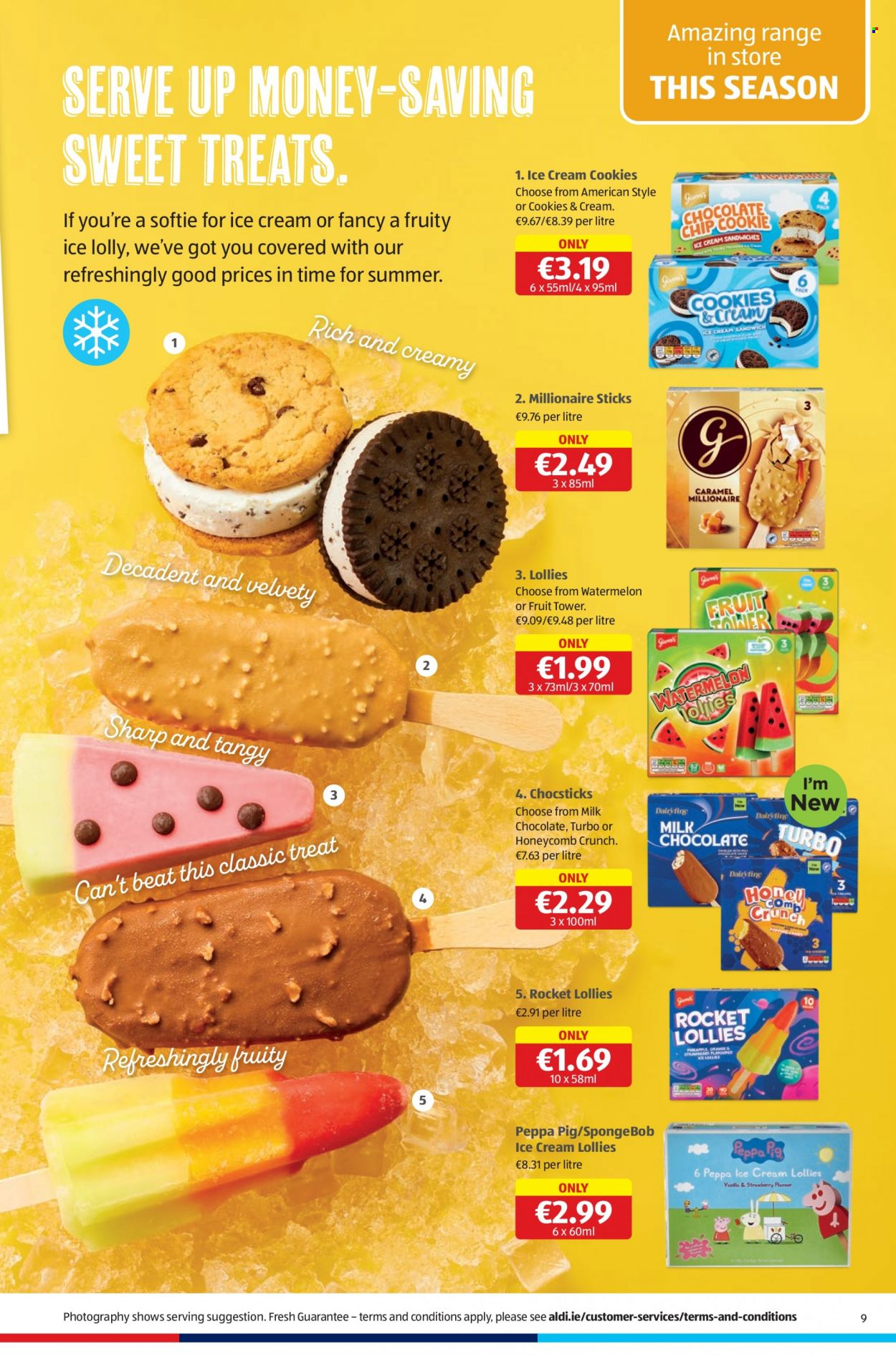 thumbnail - Aldi offer  - 08.06.2023 - 14.06.2023 - Sales products - rocket, watermelon, ice cream, cookies, milk chocolate, lollipop, Peppa Pig, Sharp. Page 9.