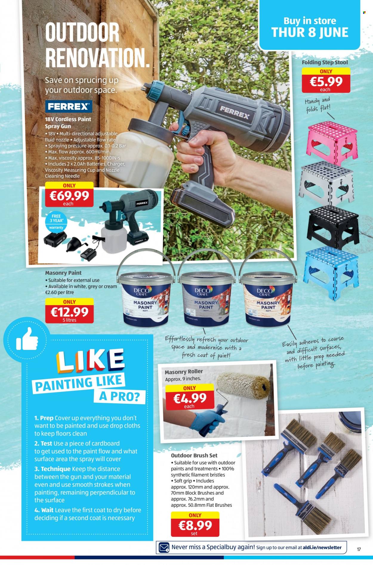 thumbnail - Aldi offer  - 08.06.2023 - 14.06.2023 - Sales products - brush set, measuring cup, spray gun, battery, roller, stool, paint. Page 17.