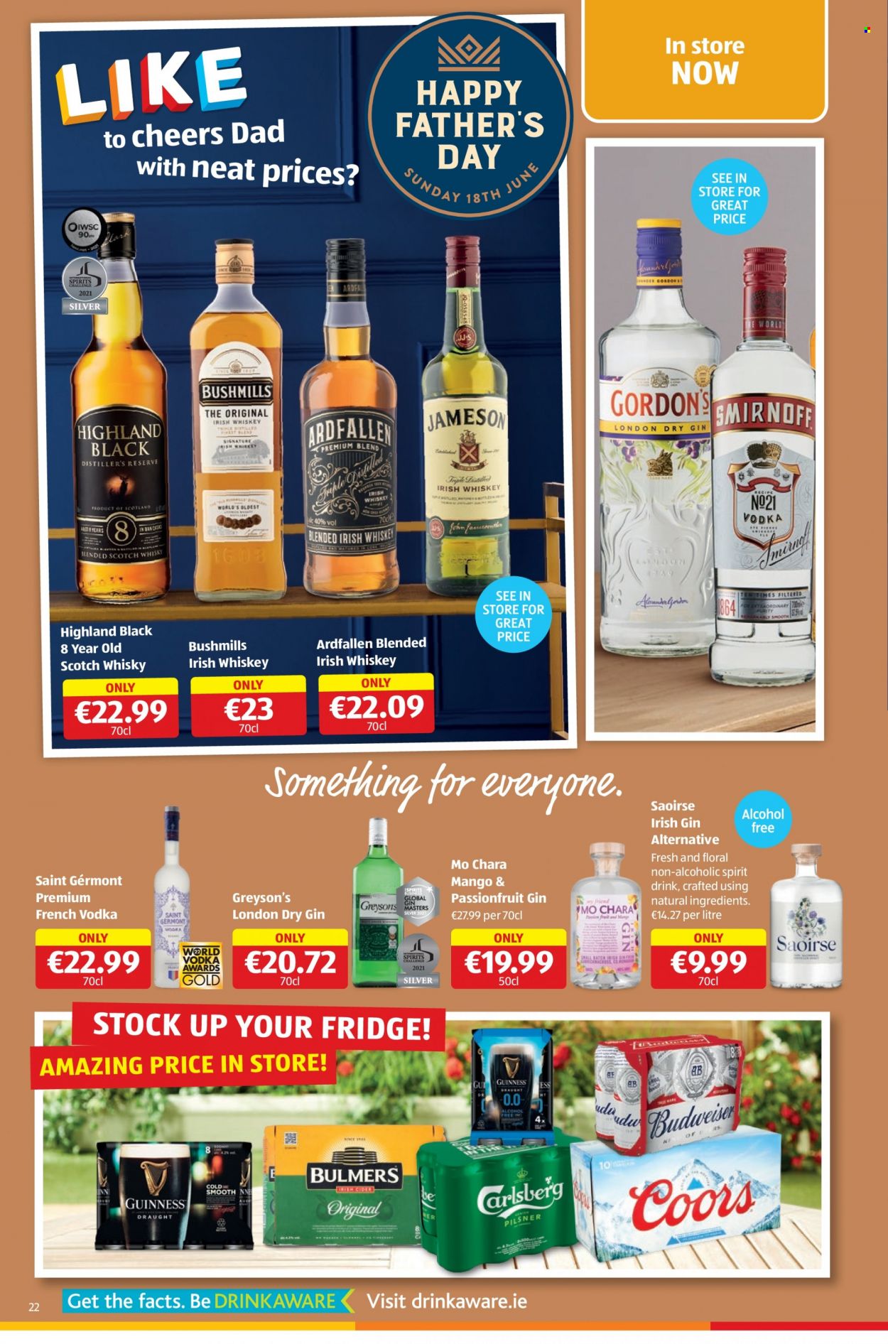thumbnail - Aldi offer  - 08.06.2023 - 14.06.2023 - Sales products - trifle, gin, Smirnoff, vodka, whiskey, irish whiskey, Jameson, Gordon's, scotch whisky, whisky, cider, beer, Bulmers, Carlsberg, Guinness, Purity, Budweiser, Coors. Page 22.