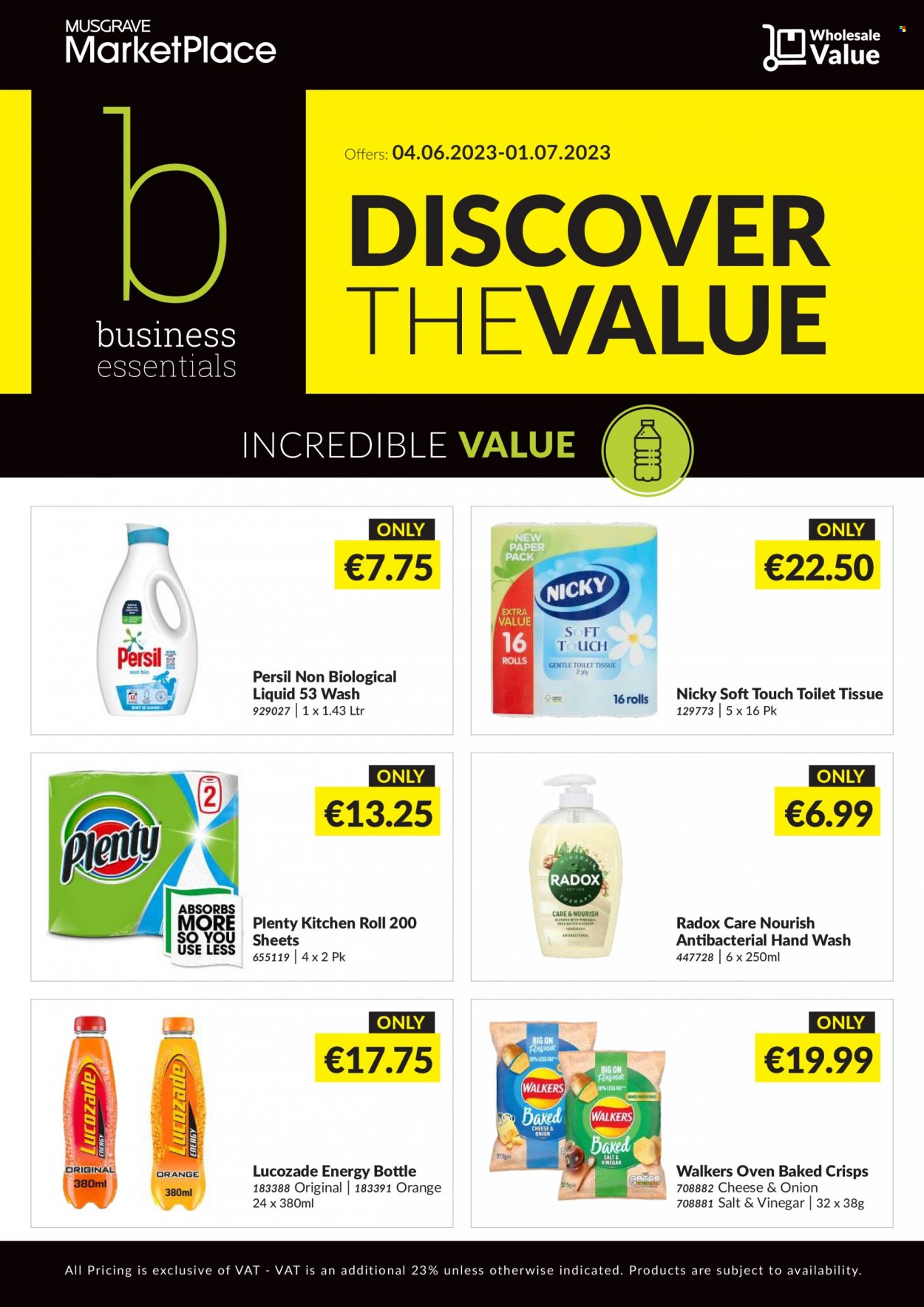 thumbnail - MUSGRAVE Market Place offer  - 04.06.2023 - 01.07.2023 - Sales products - oranges, Lucozade, toilet paper, Plenty, Persil, hand wash, Radox, antibacterial hand wash, kitchen rolls, paper. Page 1.