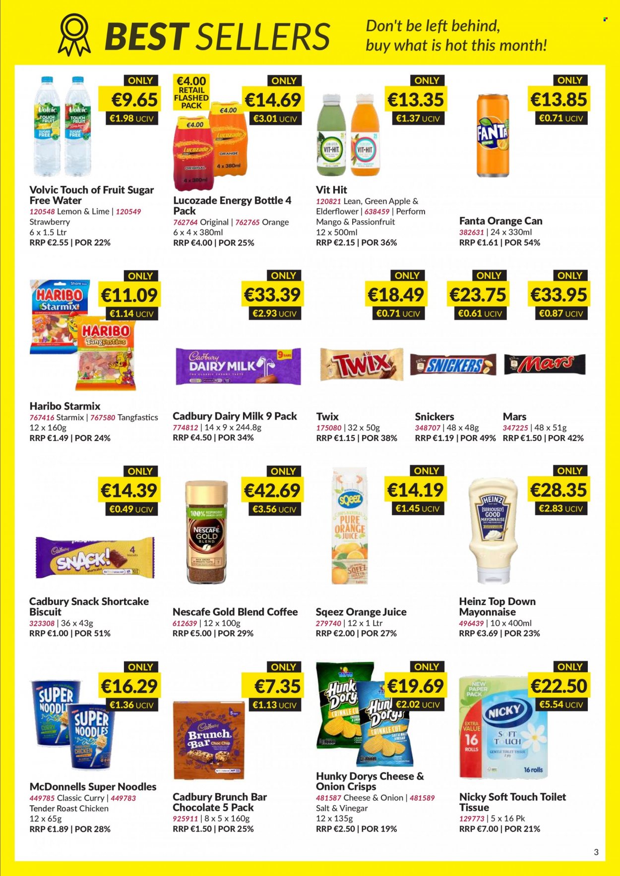 thumbnail - MUSGRAVE Market Place offer  - 04.06.2023 - 01.07.2023 - Sales products - chicken roast, noodles, snack, mayonnaise, chocolate, Haribo, Snickers, Twix, Mars, biscuit, Cadbury, Dairy Milk, Heinz, orange juice, juice, Fanta, Lucozade, Volvic, water, coffee, Nescafé, chicken, toilet paper. Page 3.
