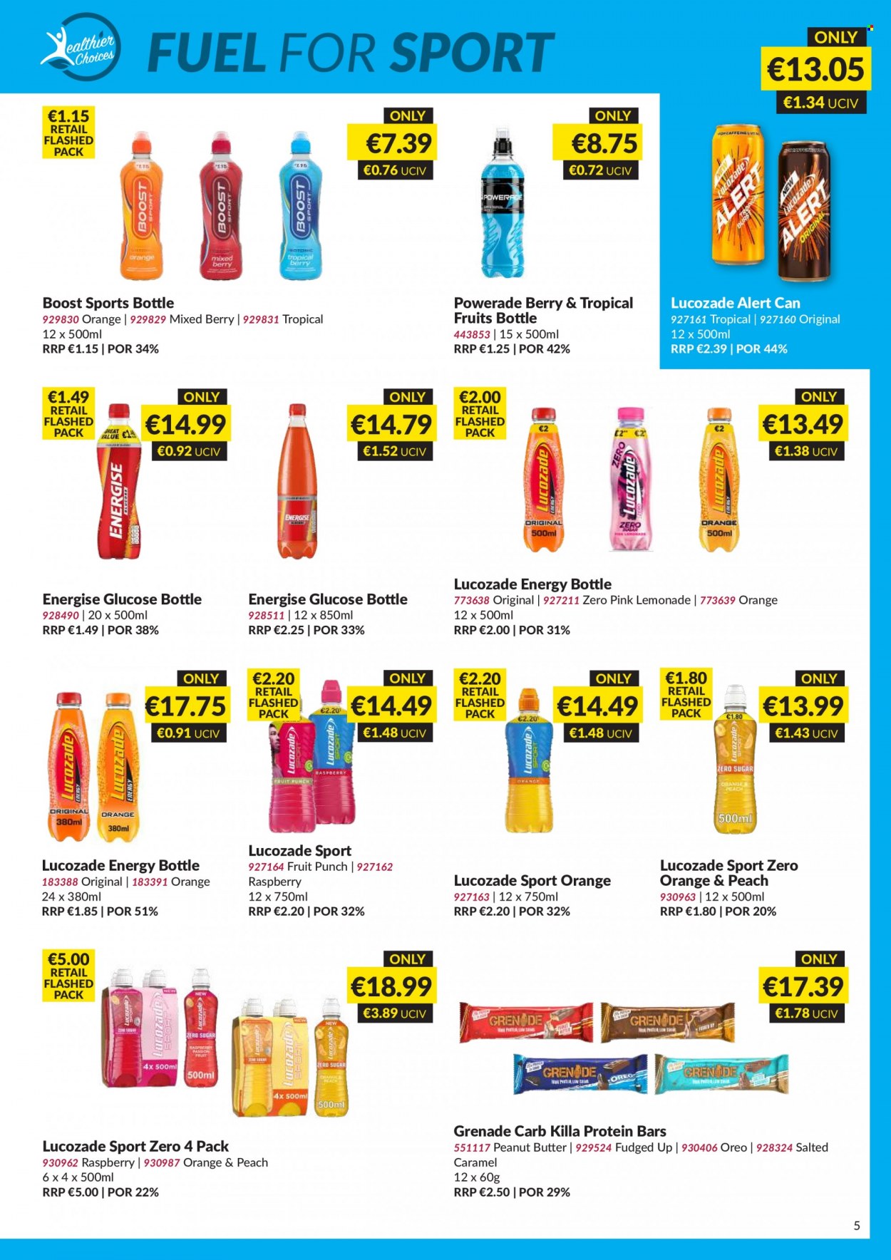 thumbnail - MUSGRAVE Market Place offer  - 04.06.2023 - 01.07.2023 - Sales products - oranges, Oreo, protein bar, peanut butter, lemonade, Powerade, energy drink, Lucozade, fruit punch, Boost, travel bottle. Page 5.