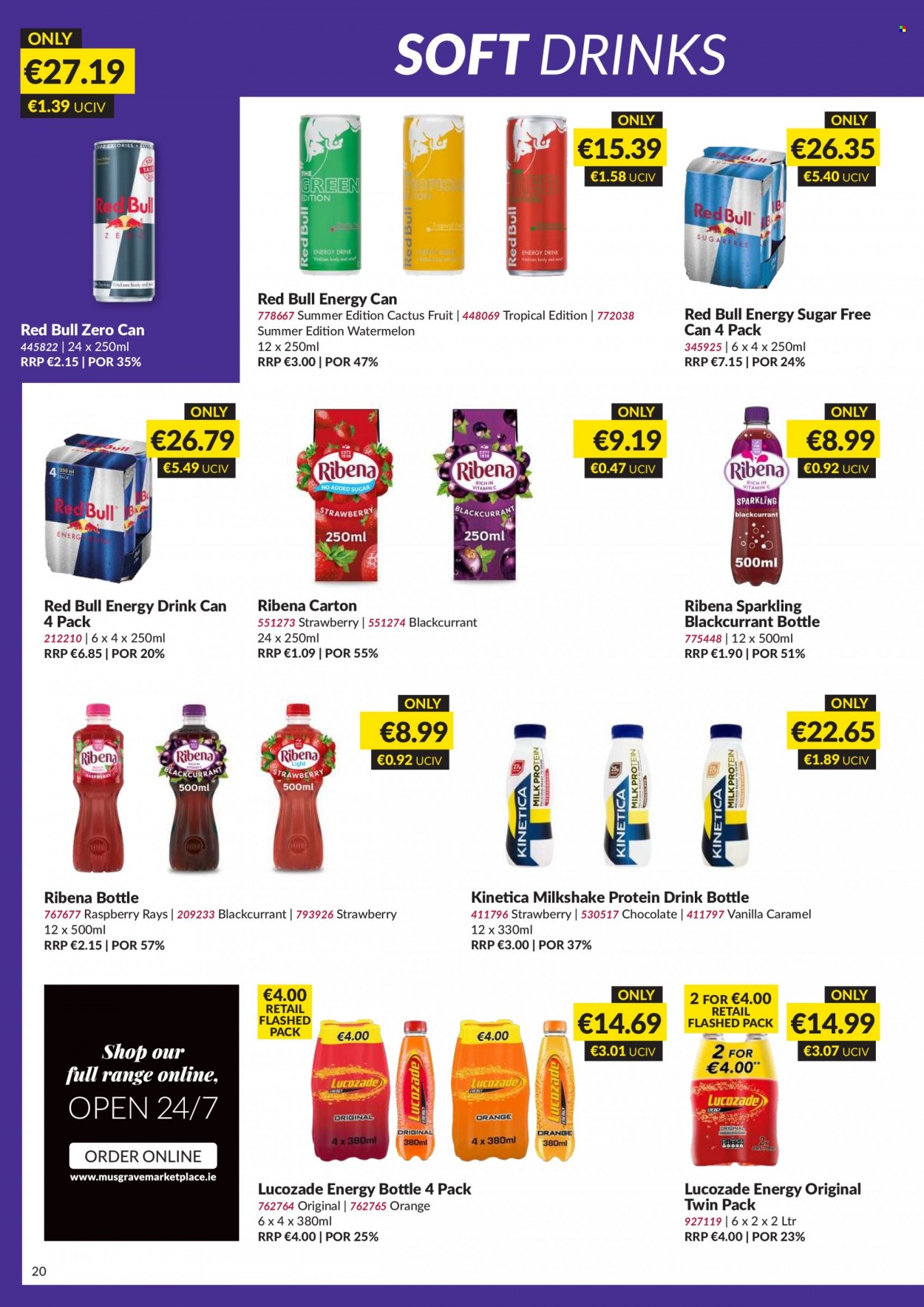 thumbnail - MUSGRAVE Market Place offer  - 04.06.2023 - 01.07.2023 - Sales products - watermelon, oranges, protein drink, milkshake, caramel, energy drink, soft drink, Red Bull, Lucozade, drink bottle, cactus. Page 20.