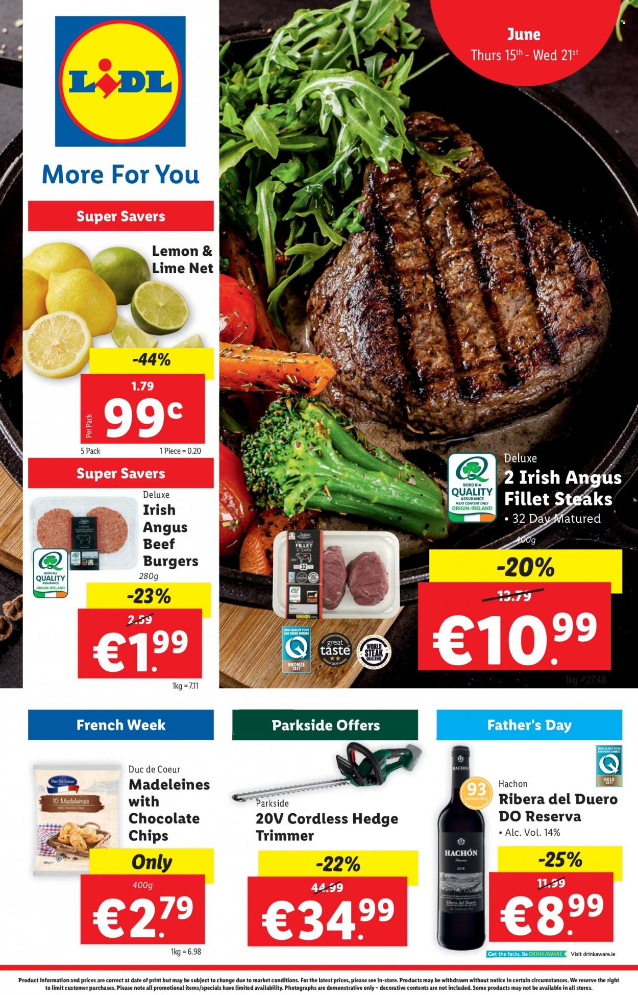 thumbnail - Lidl offer  - 15.06.2023 - 21.06.2023 - Sales products - lemons, limes, beef burger, beef meat, hamburger, steak, sweet bread, hedge trimmer, Parkside, trimmer, red wine, wine. Page 1.