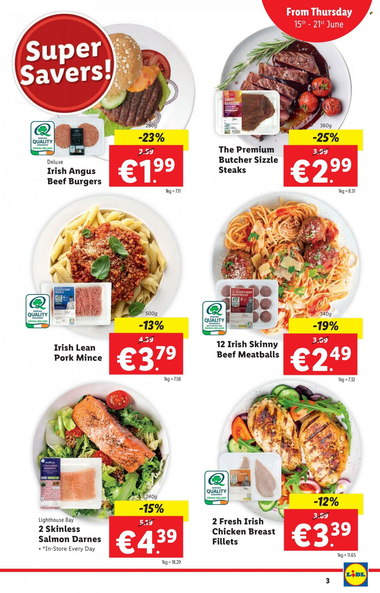 thumbnail - Lidl offer  - 15.06.2023 - 21.06.2023 - Sales products - beef burger, beef meat, hamburger, steak, ground pork, pork meat, meatballs, salmon, chicken, chicken breasts. Page 3.