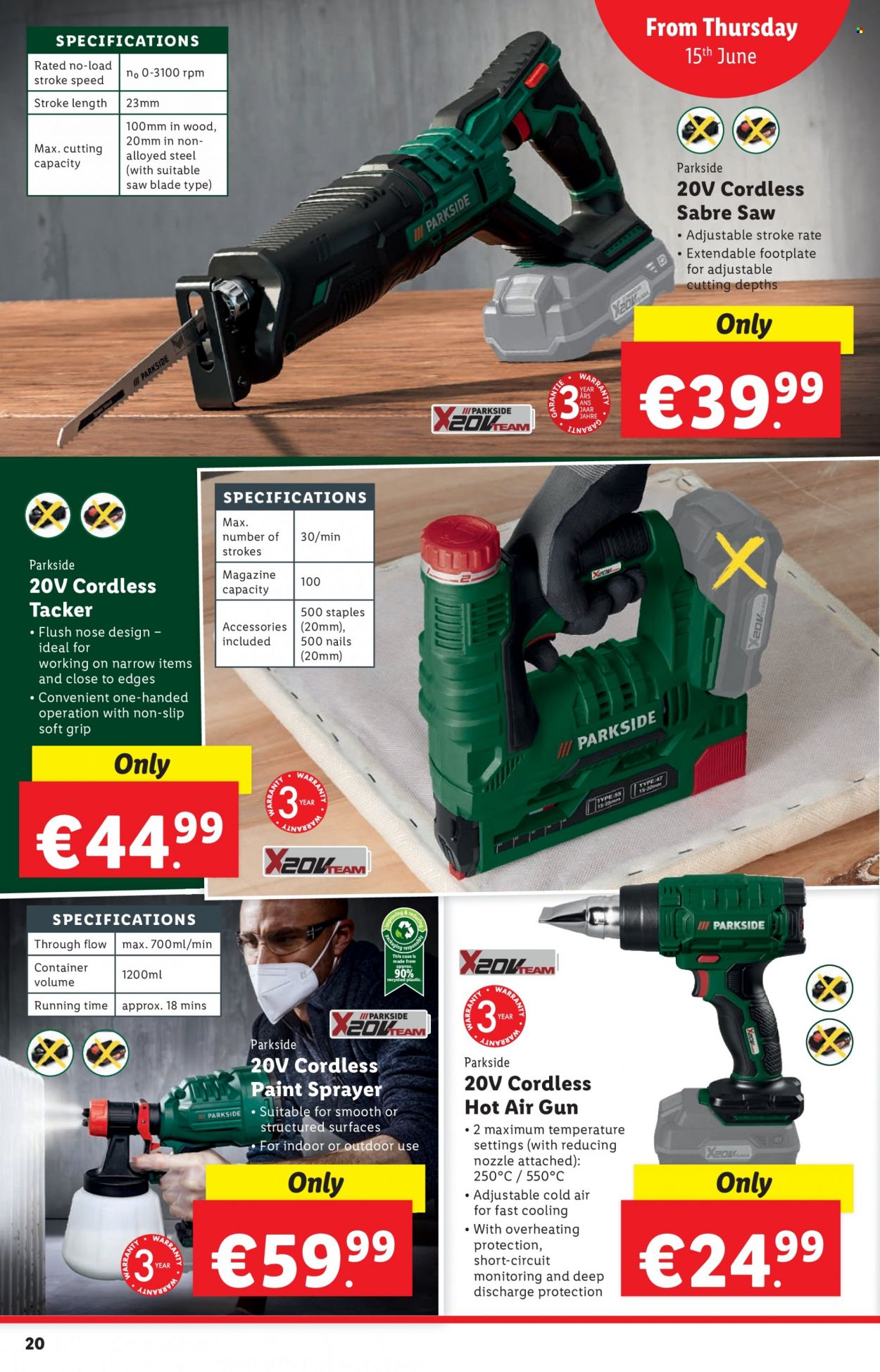 thumbnail - Lidl offer  - 15.06.2023 - 21.06.2023 - Sales products - Parkside, saw, sprayer, tacker, hot air gun. Page 20.