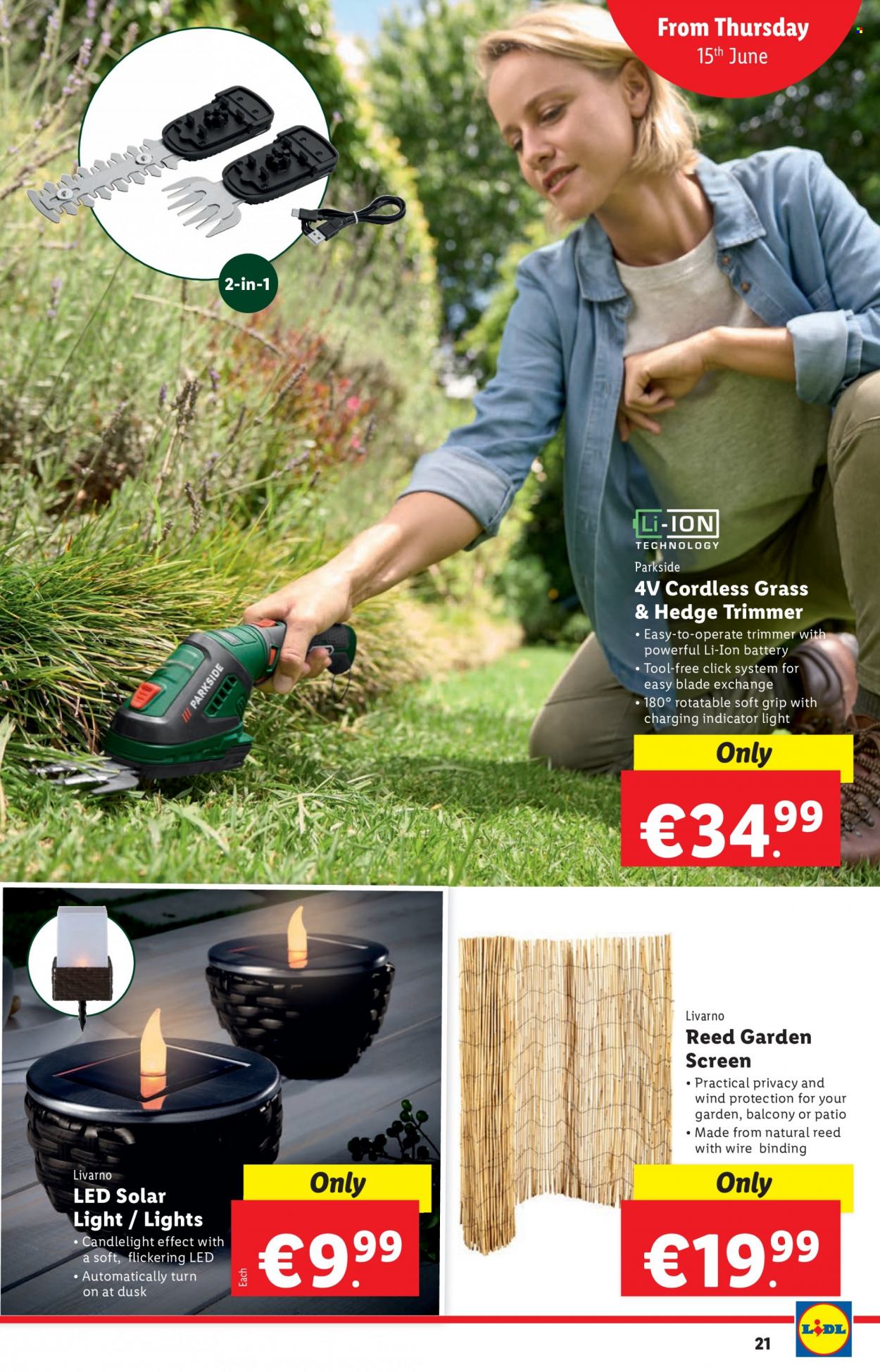 thumbnail - Lidl offer  - 15.06.2023 - 21.06.2023 - Sales products - solar light, garden screening, reed garden screen, hedge trimmer, Parkside, trimmer. Page 21.