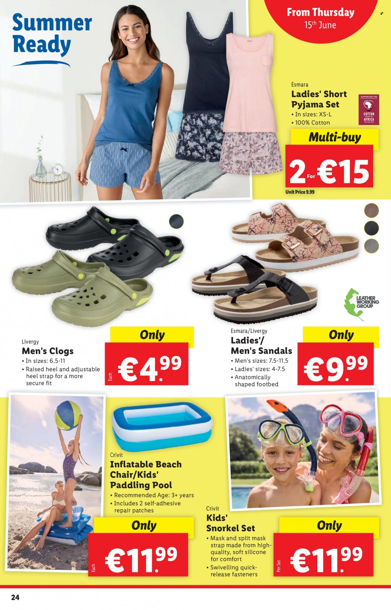 thumbnail - Lidl offer  - 15.06.2023 - 21.06.2023 - Sales products - Esmara, pajamas, clogs, men's slip-on shoes, sandals, beach chair, Crivit, paddling pool, pool, kids´ snorkel set. Page 24.