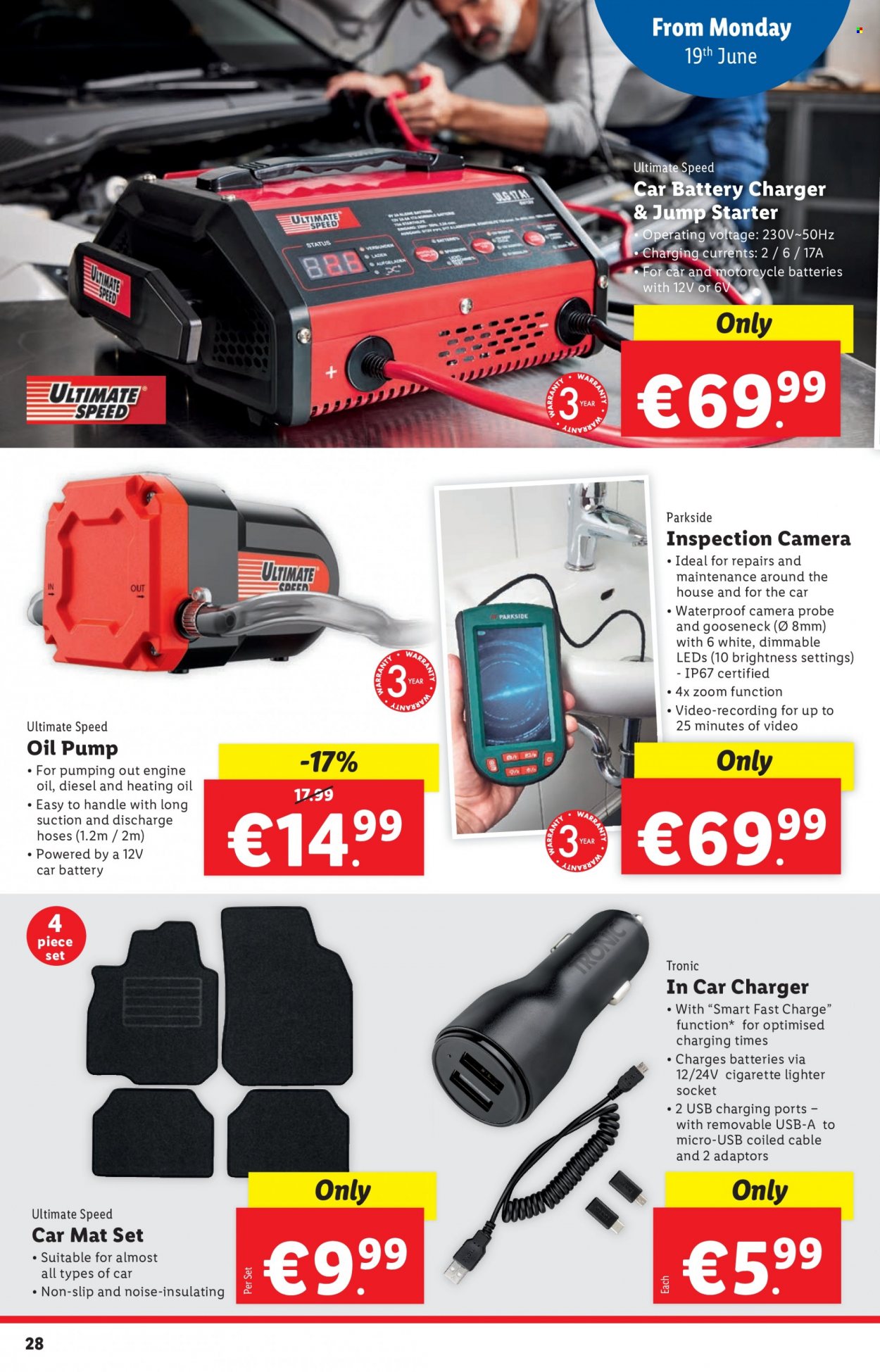 thumbnail - Lidl offer  - 15.06.2023 - 21.06.2023 - Sales products - battery charger, car battery, starter, pump, inspection camera, Parkside, car mat, USB charger. Page 28.
